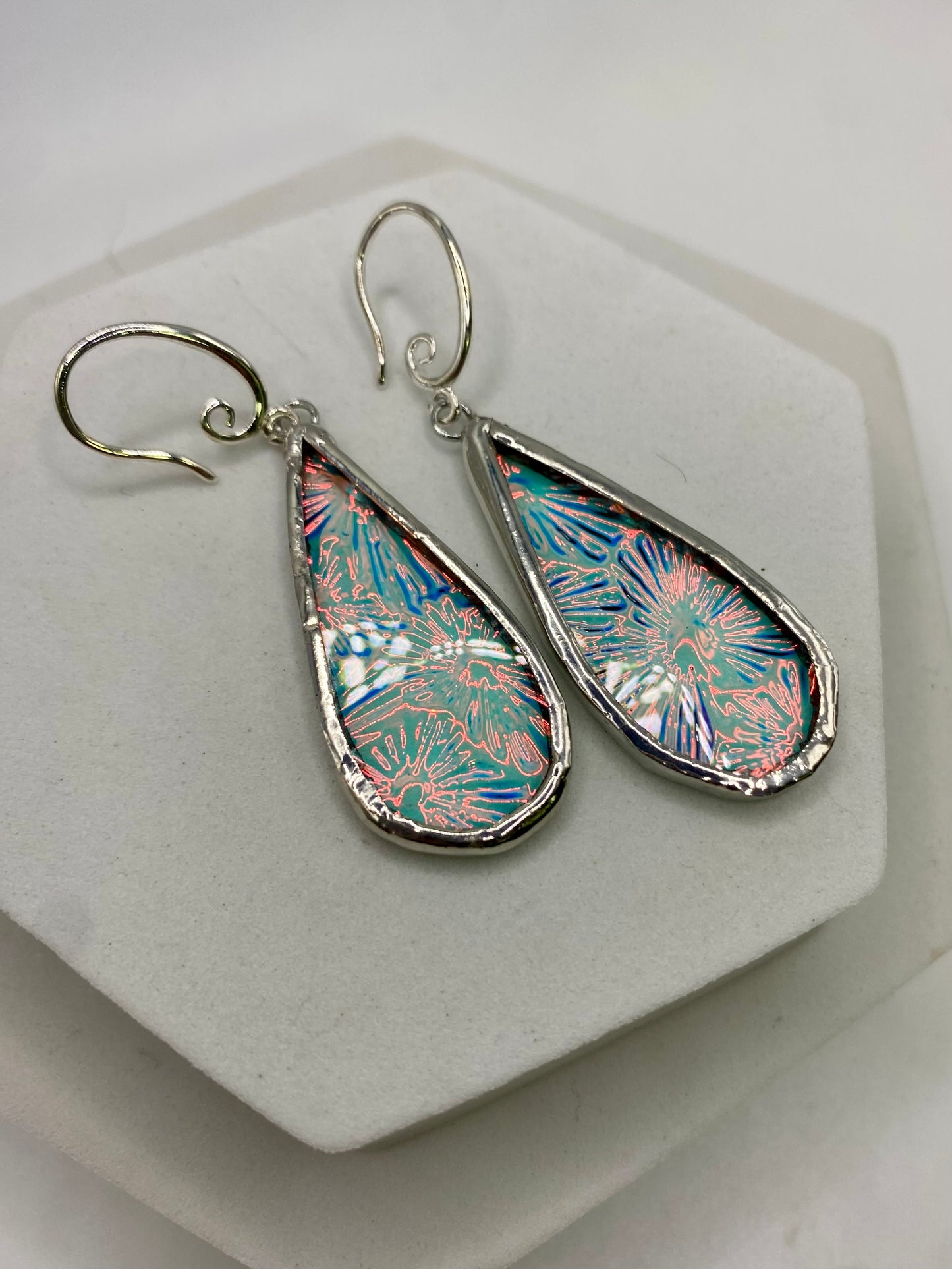 Pink Blue Teardrop Earrings | Stained Glass Earrings by Hip Chick Glass, Stained Glass Dangle Drop Earrings, Stained Glass Earrings