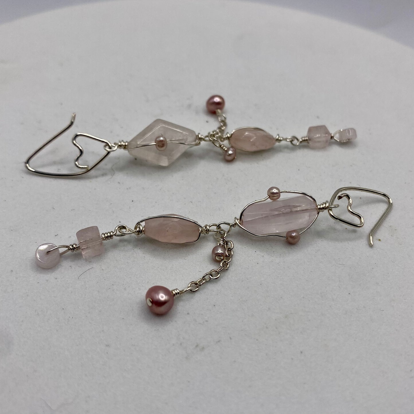 Long Rose Quartz & Pearl Dangle Earrings by Hip Chick Glass, Sterling Silver Earrings, Handmade Gemstone Jewelry, June Birthstone Gift