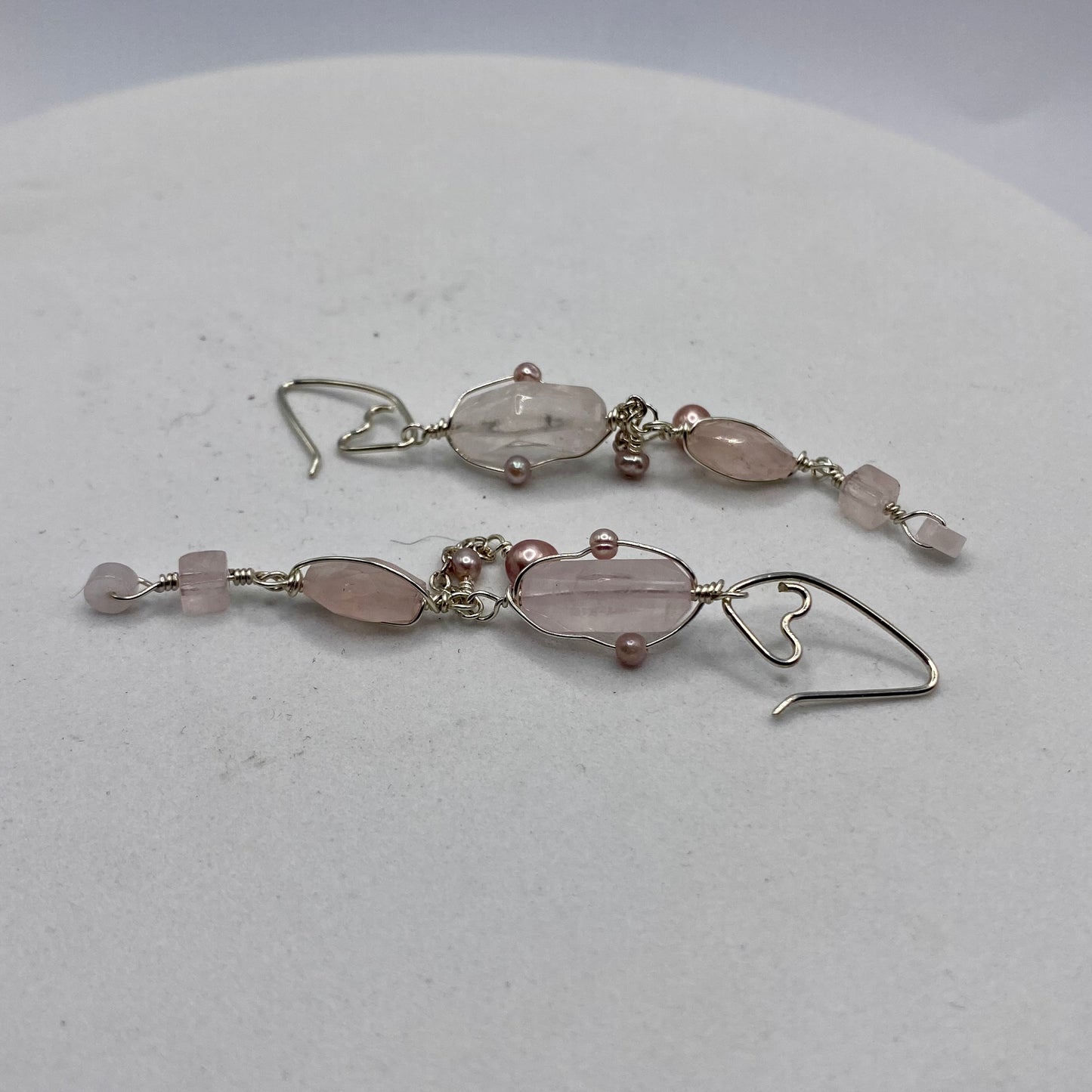 Long Rose Quartz & Pearl Dangle Earrings by Hip Chick Glass, Sterling Silver Earrings, Handmade Gemstone Jewelry, June Birthstone Gift