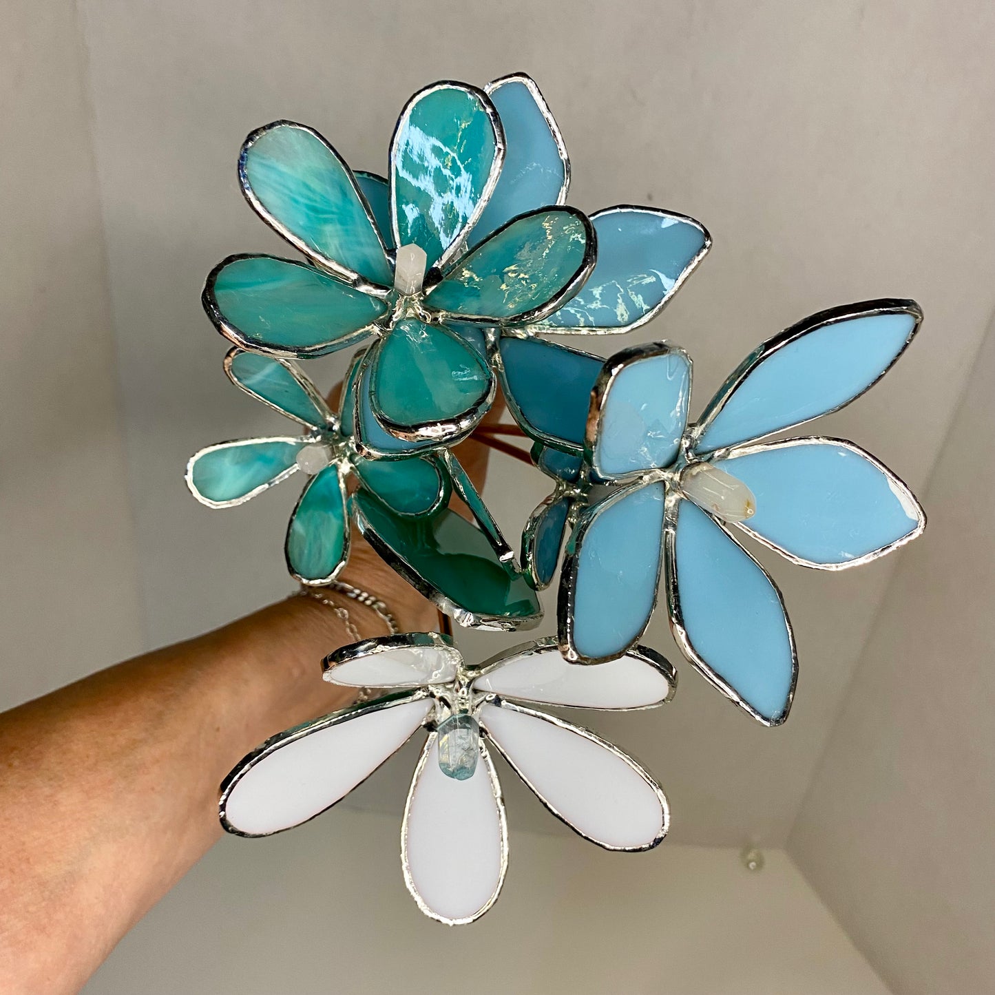 Mini Bouquet, Set of 3 Flowers & 1 Leaf | Stained Glass Flower Bouquet, Glass Flowers with Quartz Crystals on a Stem, Handmade Home Decor, Wedding Bouquet Keepsake, Tabletop Decor