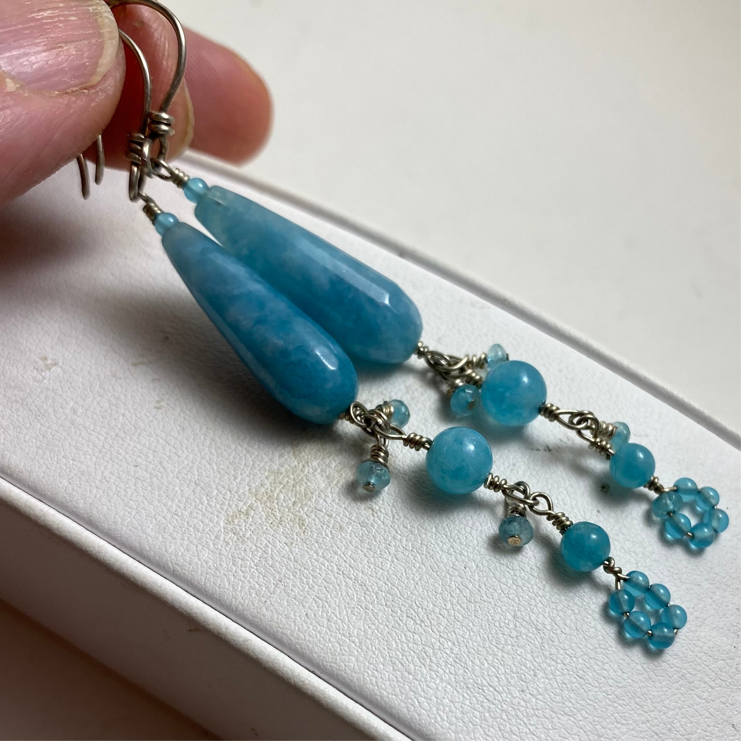 Long Aquamarine & Angelite Dangle Earrings by Hip Chick Glass, Sterling Silver Earrings, Handmade Gemstone Jewelry, March Birthstone Gift