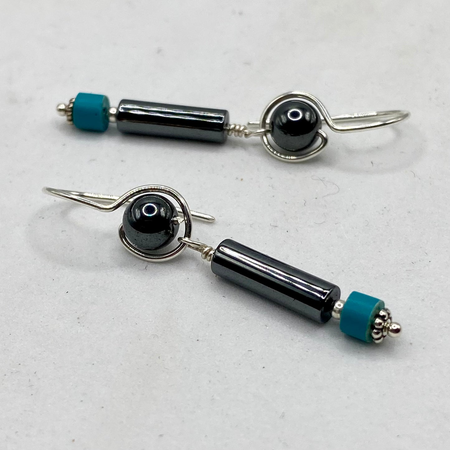Hematite & Chalk Turquoise Dangle Earrings by Hip Chick Glass, Sterling Silver Earrings, Handmade Gemstone Jewelry, Handmade Jewelry Gift, Birthstone Earrings