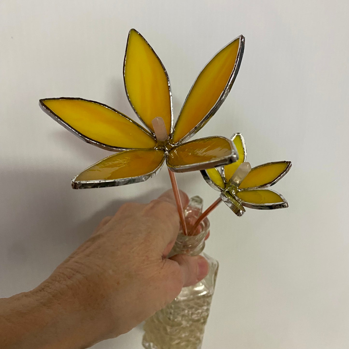 Yellow Glass Flower Plant Stakes by Hip Chick Glass | Stained Glass Flower Bouquet, Glass Flowers with Quartz Crystals on a Stem, Handmade Home Decor, Wedding Bouquet Keepsake, Tabletop Decor