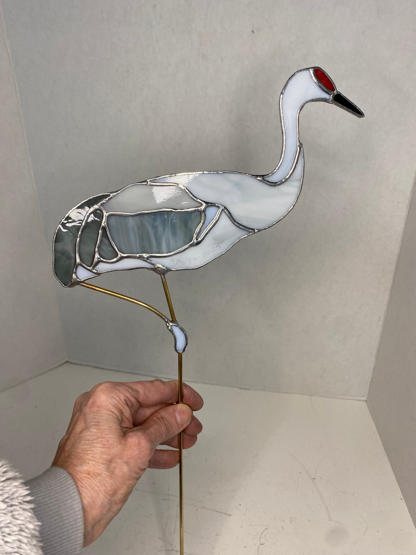 Sandhill Crane Plant Stake by Hip Chick Glass LLC, Standing Crane, Glass Art Home Decor