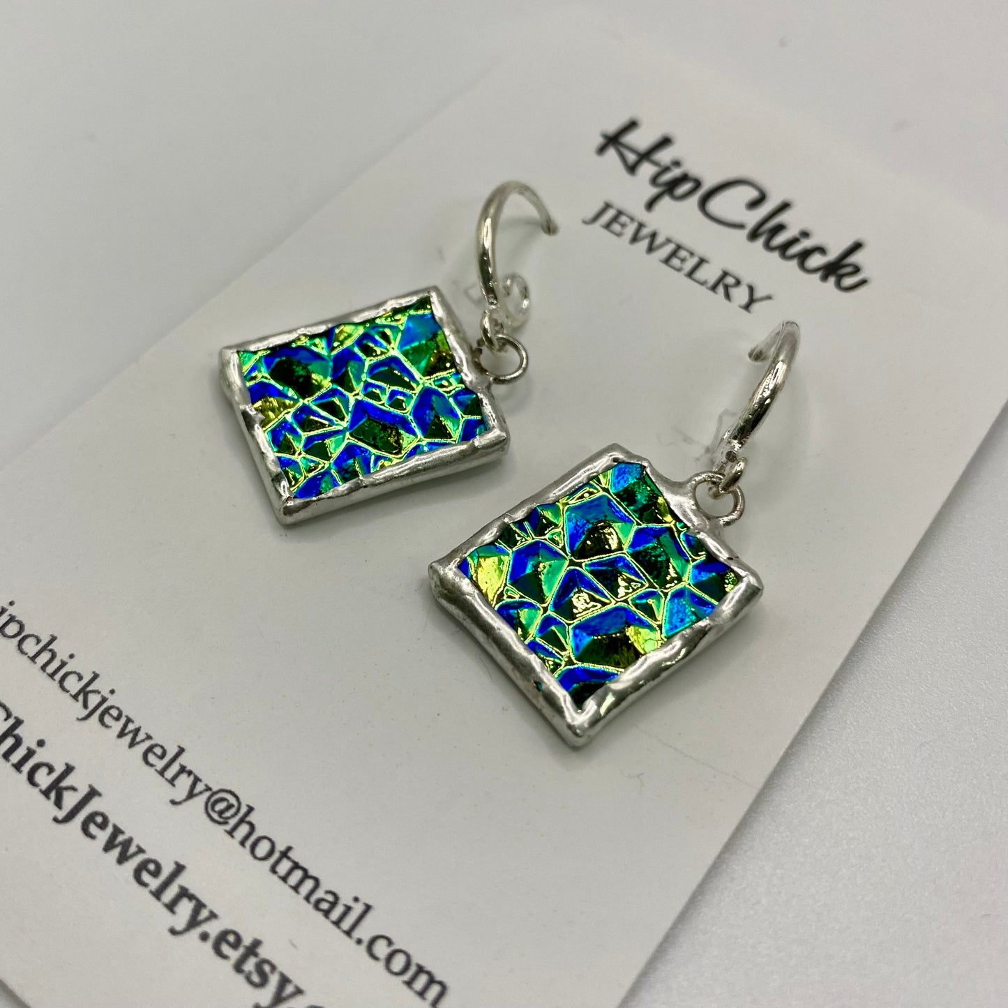 Teal Square Earrings | Stained Glass Earrings by Hip Chick Glass, Stained Glass Dangle Drop Earrings, Stained Glass Earrings