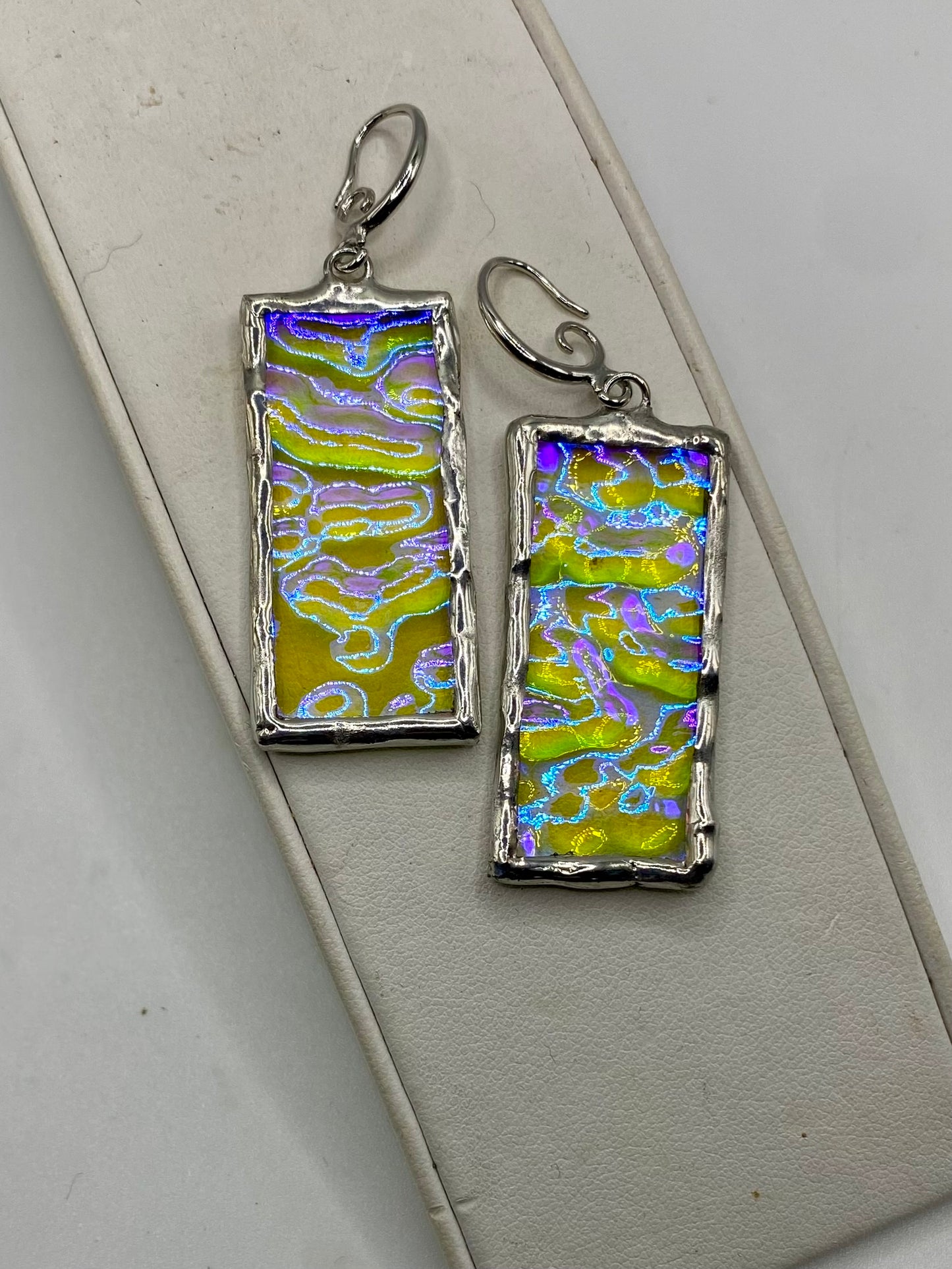 Larger Purple & Clear Wavy Rectangle Earrings | Stained Glass Earrings by Hip Chick Glass, Iridescent Statement Earrings, Geometric Earrings