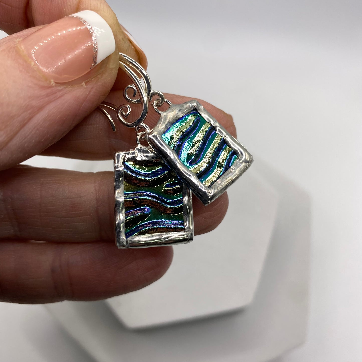 Teal Ripple Earrings | Stained Glass Earrings by Hip Chick Glass, Stained Glass Dangle Drop Earrings, Stained Glass Earrings