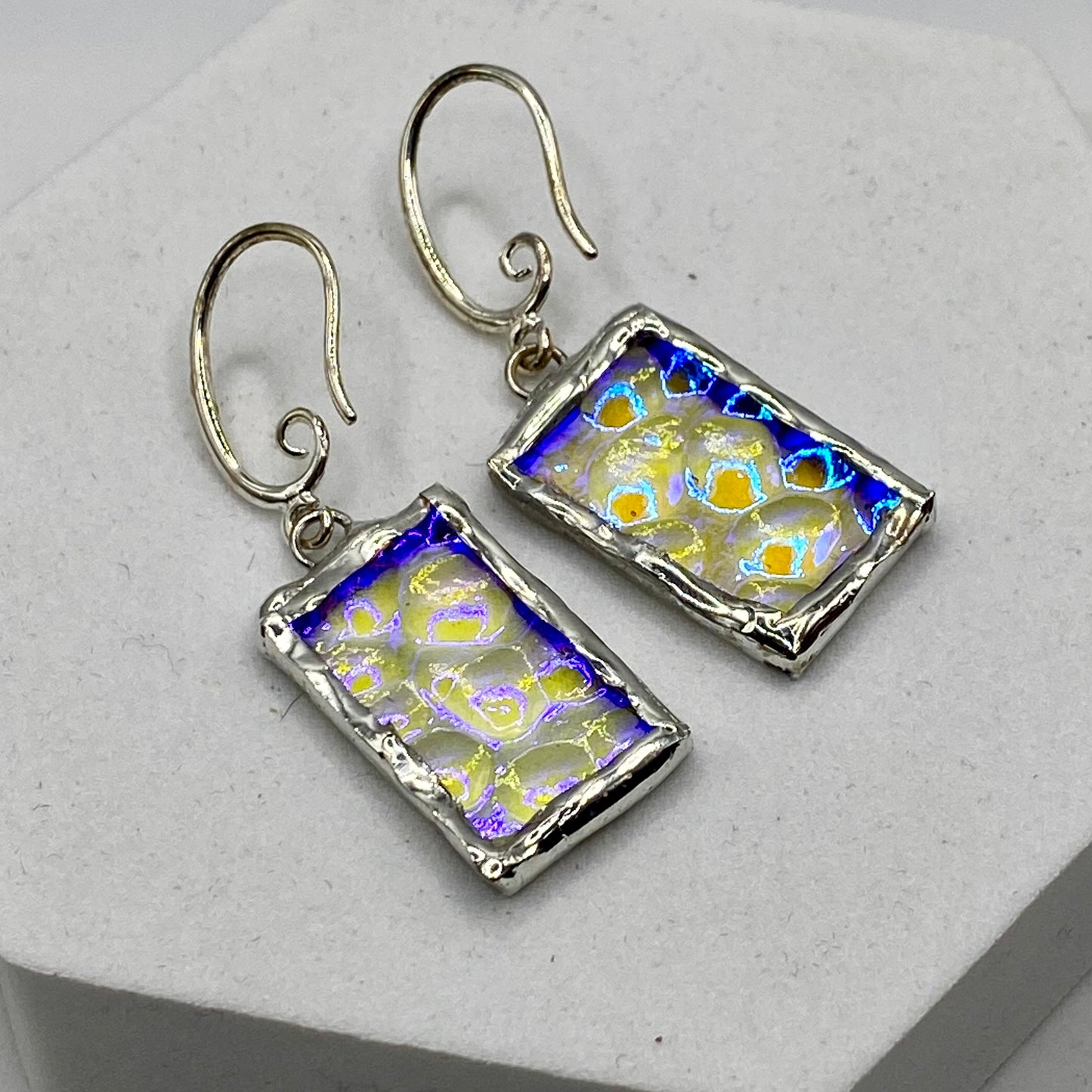 Shimmering Rectangle Earrings | Stained Glass Earrings by Hip Chick Glass, Stained Glass Dangle Drop Earrings, Stained Glass Earrings