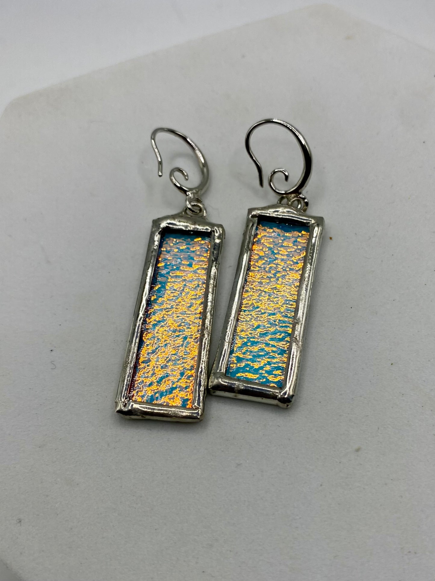 Blue & Yellow Rectangle Earrings | Stained Glass Earrings by Hip Chick Glass, Iridescent Statement Earrings, Geometric Earrings