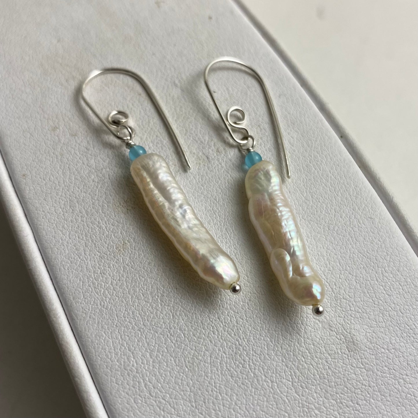 Stick Pearl & Aquamarine Dangle Earrings by Hip Chick Glass, Sterling Silver Drop Earrings, Handmade Gemstone Earrings, June Birthstone Gift, March Birthstone Gift