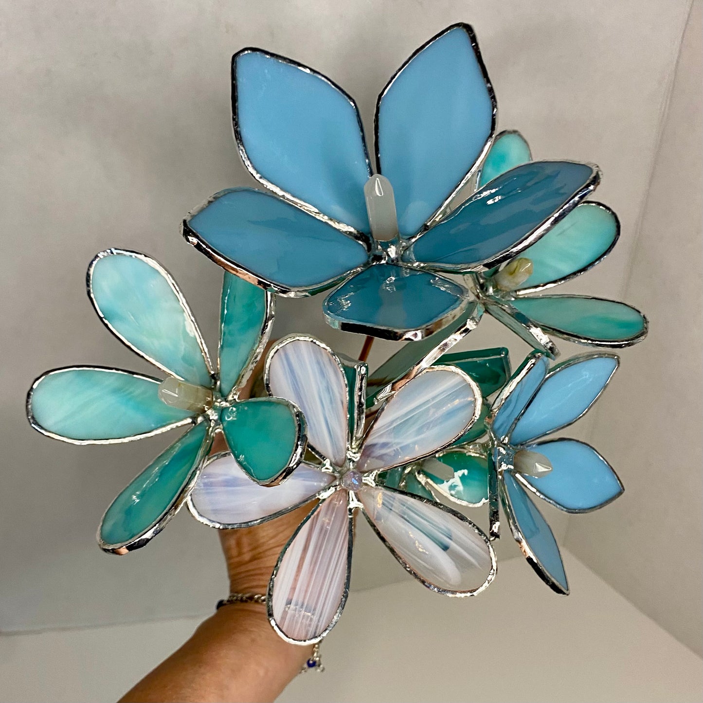 Mini Bouquet, Set of 3 Flowers & 1 Leaf | Stained Glass Flower Bouquet, Glass Flowers with Quartz Crystals on a Stem, Handmade Home Decor, Wedding Bouquet Keepsake, Tabletop Decor