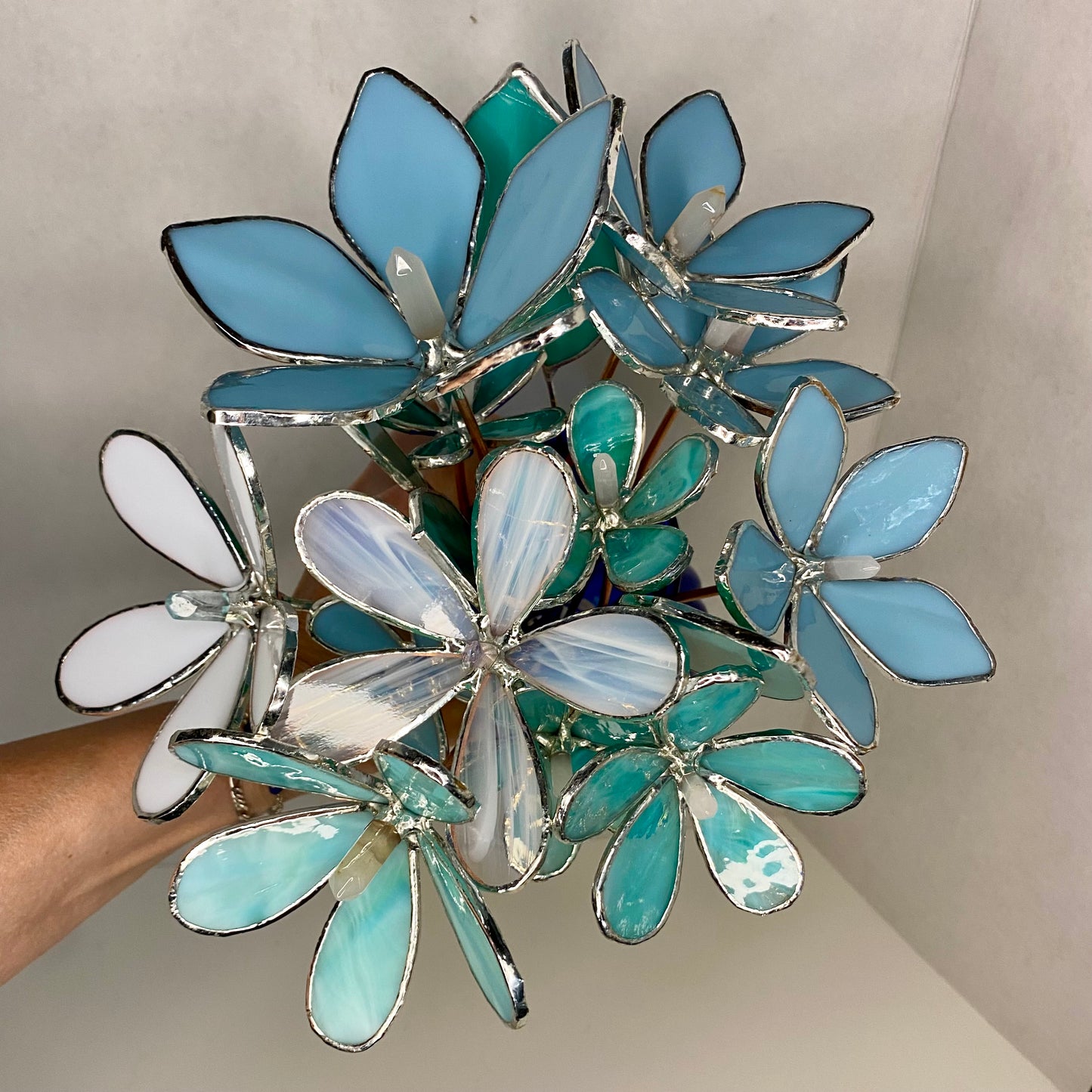 Mini Bouquet, Set of 3 Flowers & 1 Leaf | Stained Glass Flower Bouquet, Glass Flowers with Quartz Crystals on a Stem, Handmade Home Decor, Wedding Bouquet Keepsake, Tabletop Decor