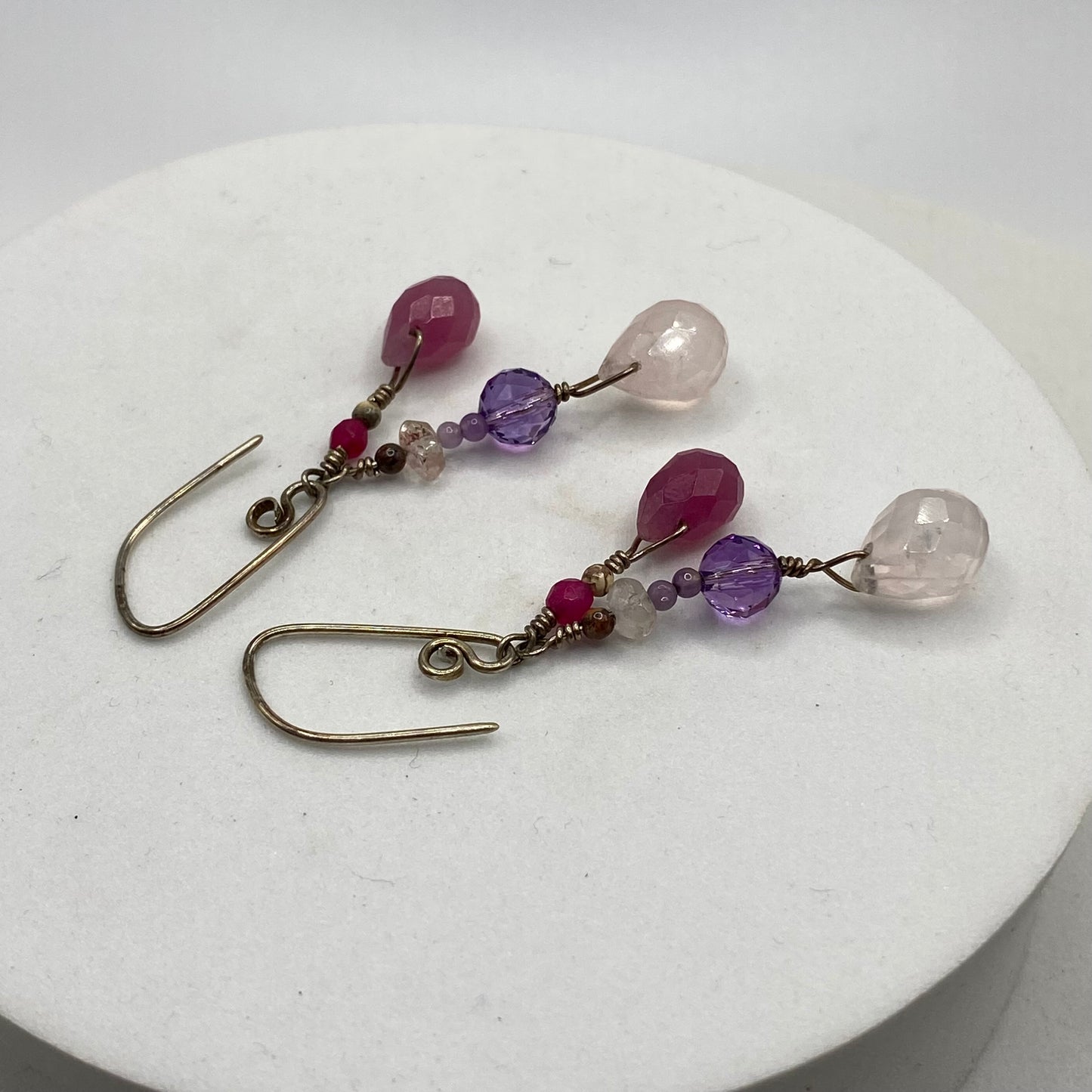 Rose Quartz, Pink Chalcedony, Amethyst, Hematite Gemstone Earrings by Hip Chick Glass, Boho Luxe Silver Earrings, Handmade Gemstone Jewelry, Pink Purple Earrings
