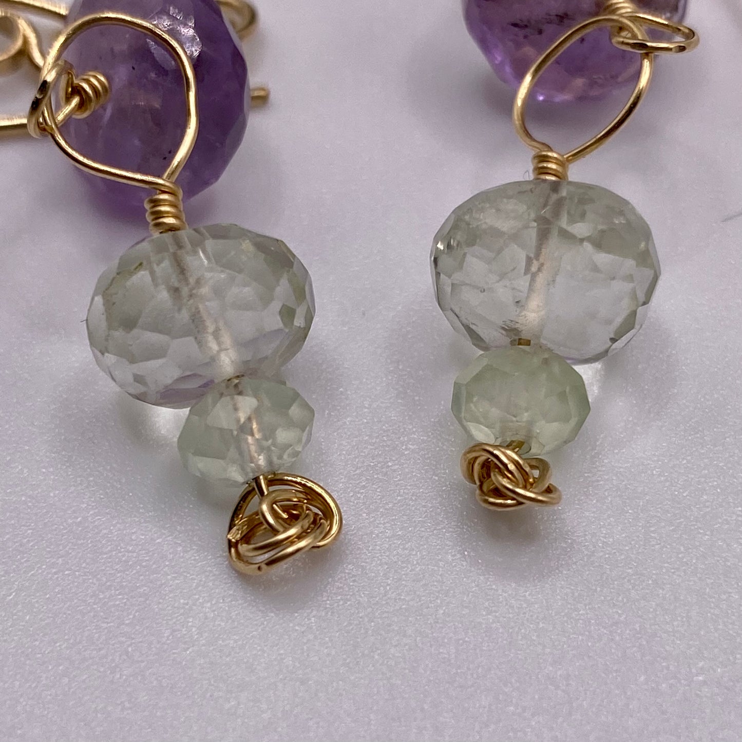 Green & Purple Amethyst Long Dangle Earrings by Hip Chick Glass, Handmade Gold Fill Earrings, Handmade Gemstone Jewelry, February Birthstone Gift