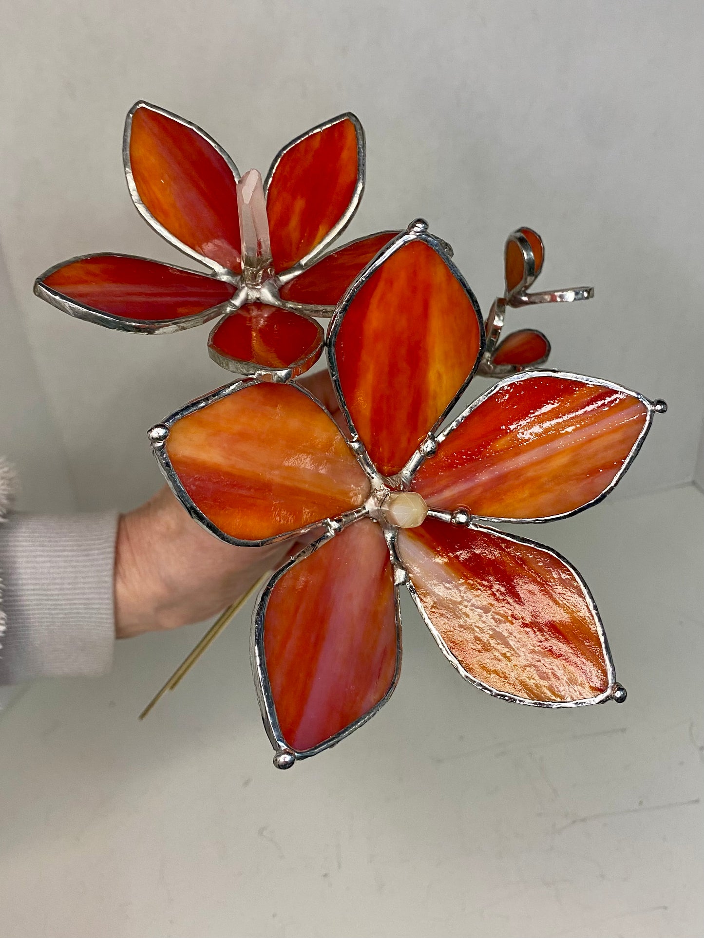 Carnelian Orange Plant Stakes by Hip Chick Glass | Stained Glass Flower Bouquet, Glass Flowers with Quartz Crystals on a Stem, Handmade Home Decor, Wedding Bouquet Keepsake, Tabletop Decor