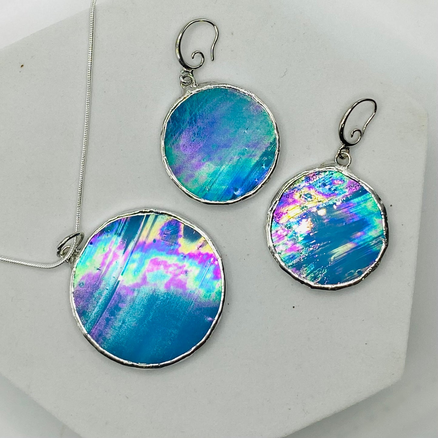 Light Blue Circle Stained Glass Jewelry Set by Hip Chick Glass, Stained Glass Necklace Stained Glass Earrings