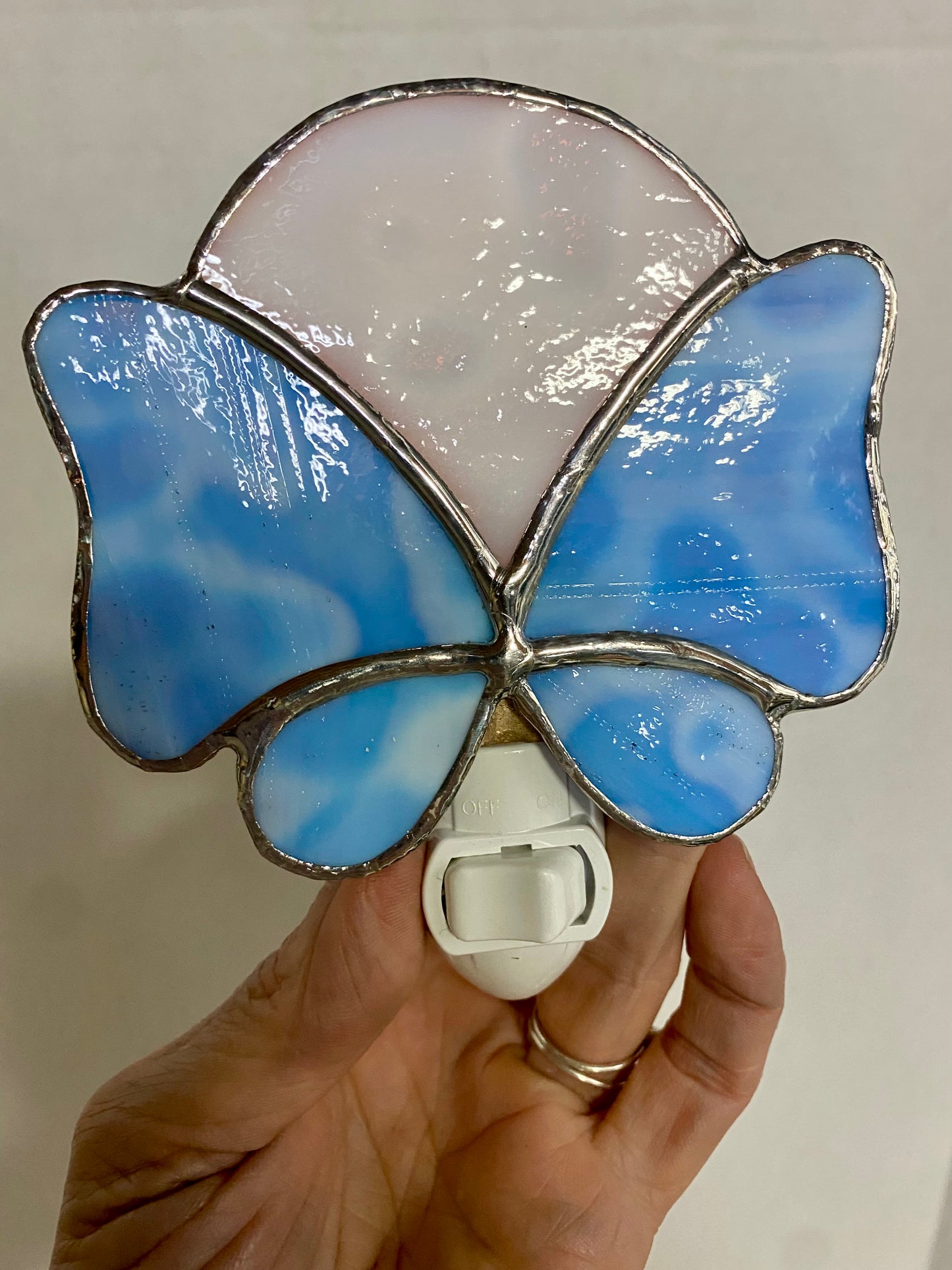 Blue Butterfly Nightlight Under a White Moon| Butterfly Nightlight | Stained Glass Nightlight | Handmade Nightlight | Hip Chick Glass, LLC