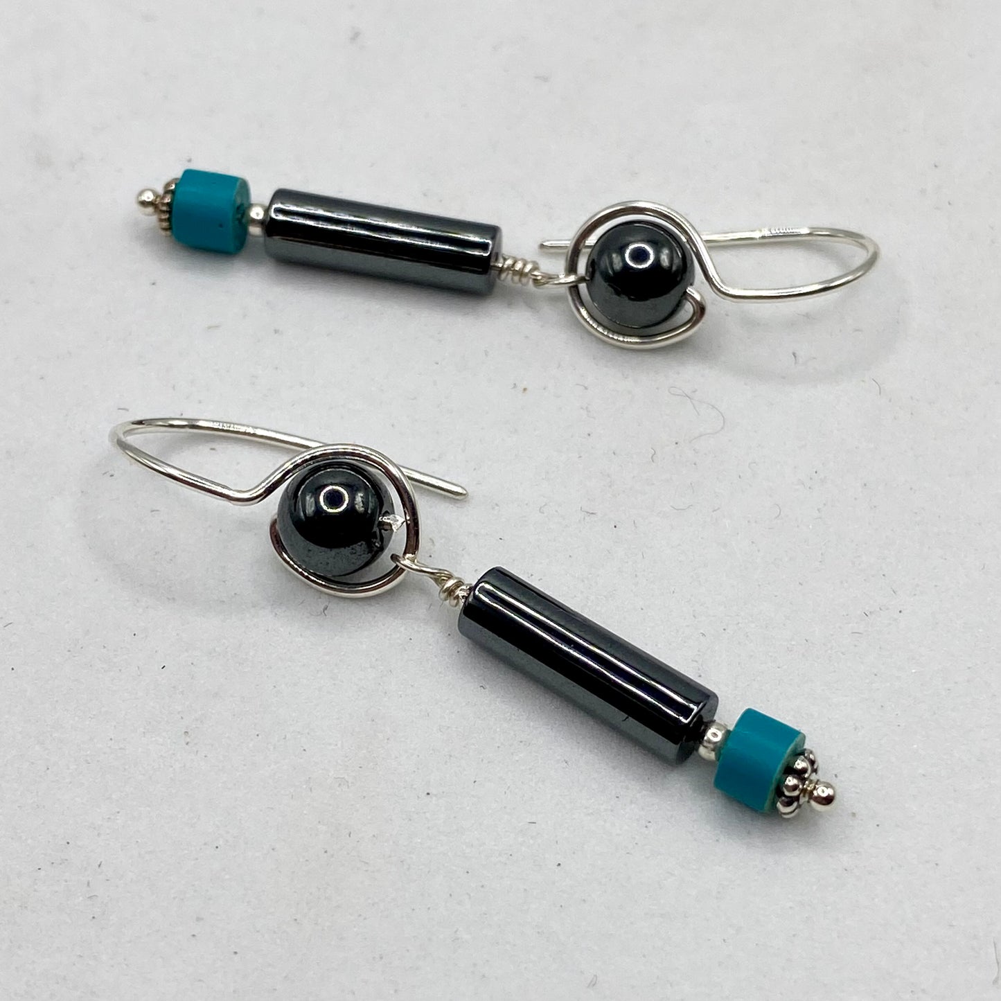 Hematite & Chalk Turquoise Dangle Earrings by Hip Chick Glass, Sterling Silver Earrings, Handmade Gemstone Jewelry, Handmade Jewelry Gift, Birthstone Earrings