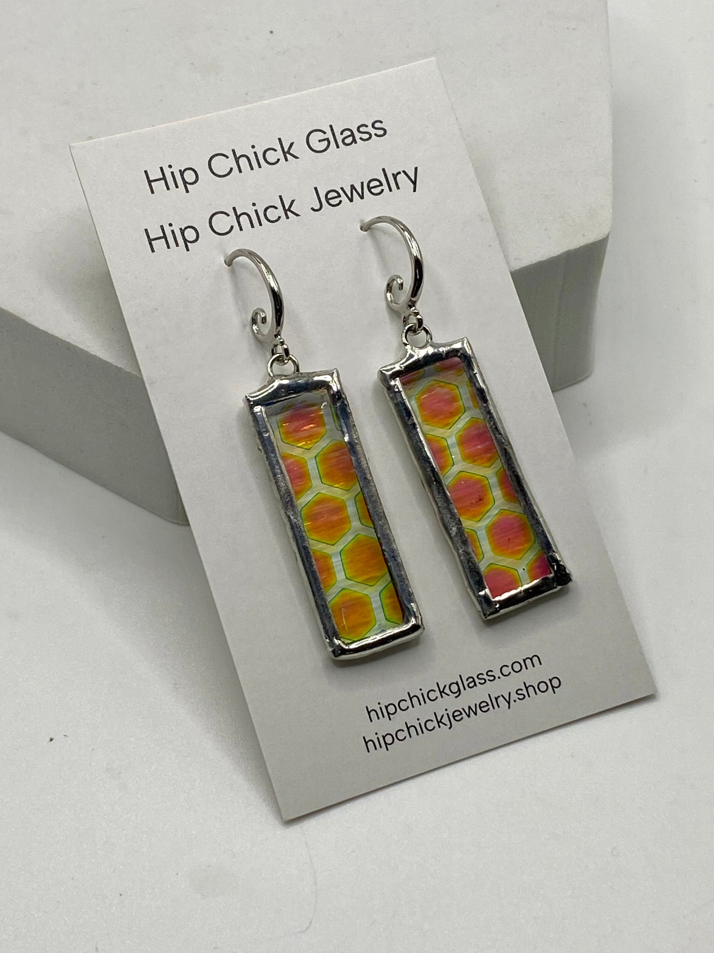 Honeycomb Rectangle Earrings | Stained Glass Earrings by Hip Chick Glass, Iridescent Statement Earrings, Geometric Earrings