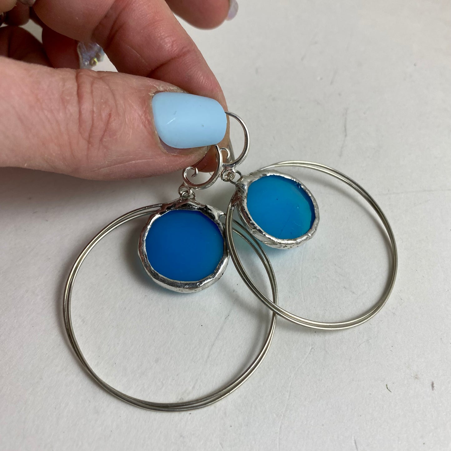 Blue Circle Hoop Earrings | Stained Glass Earrings by Hip Chick Glass, Stained Glass Dangle Drop Earrings, Stained Glass Earrings