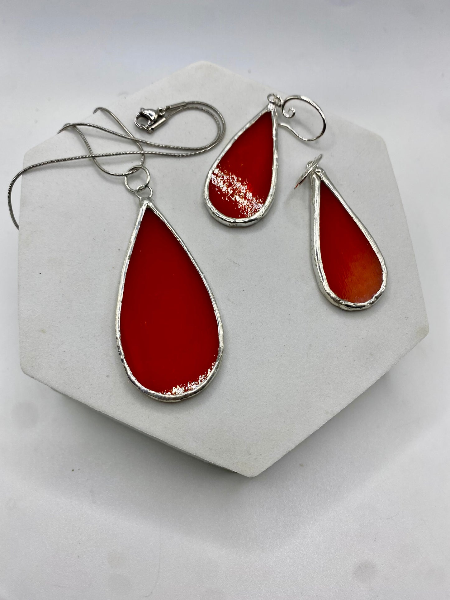Orange Teardrop Stained Glass Jewelry Set by Hip Chick Glass, Stained Glass Necklace Stained Glass Earrings