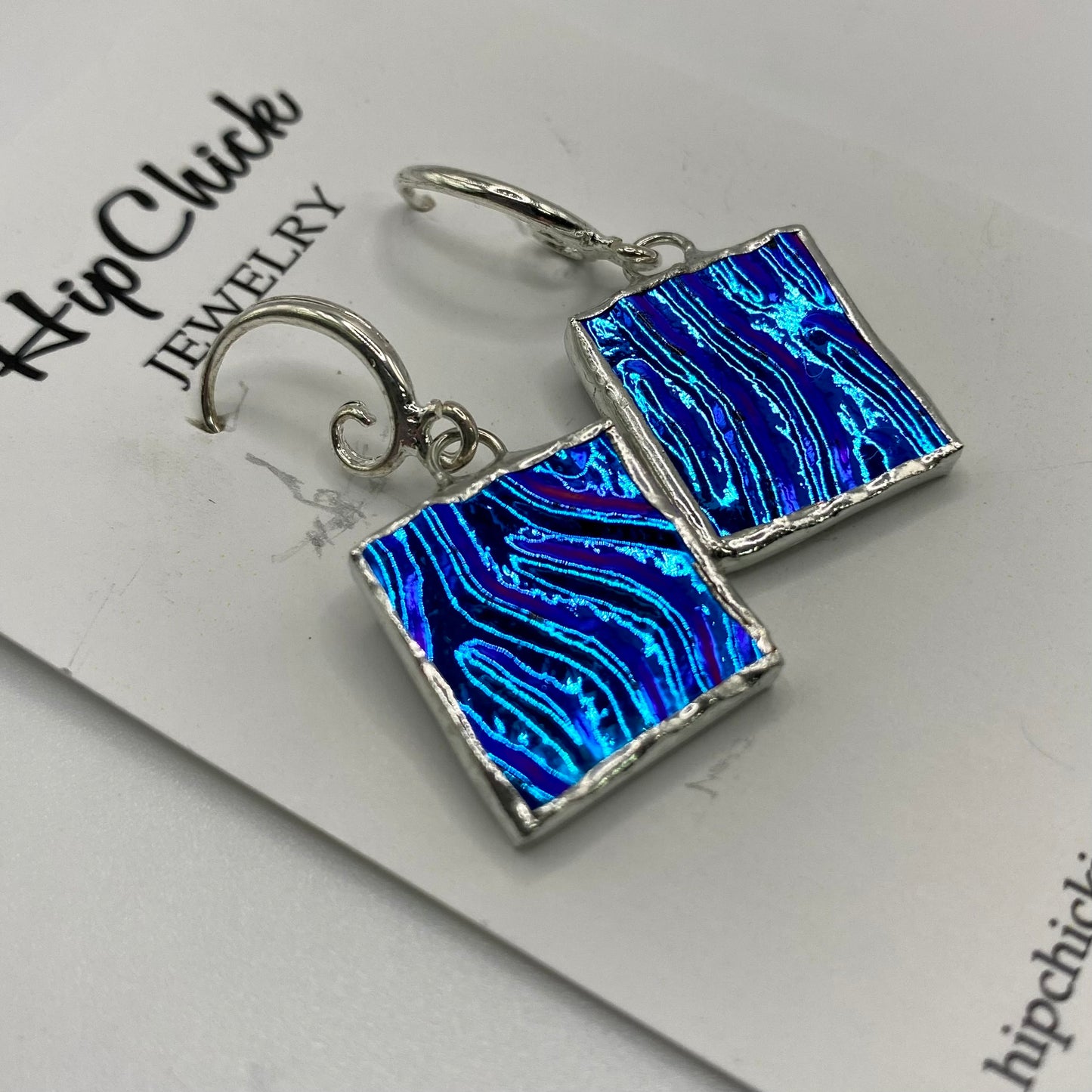 Blue Square Earrings | Stained Glass Earrings by Hip Chick Glass, Stained Glass Dangle Drop Earrings, Stained Glass Earrings