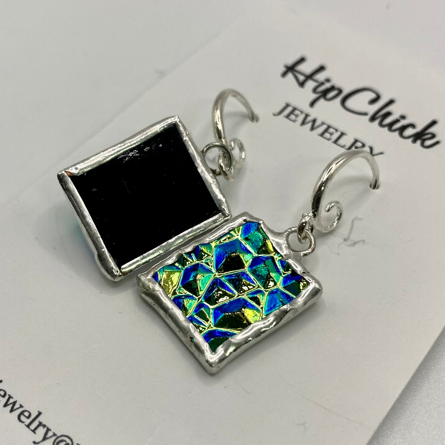 Teal Square Earrings | Stained Glass Earrings by Hip Chick Glass, Stained Glass Dangle Drop Earrings, Stained Glass Earrings