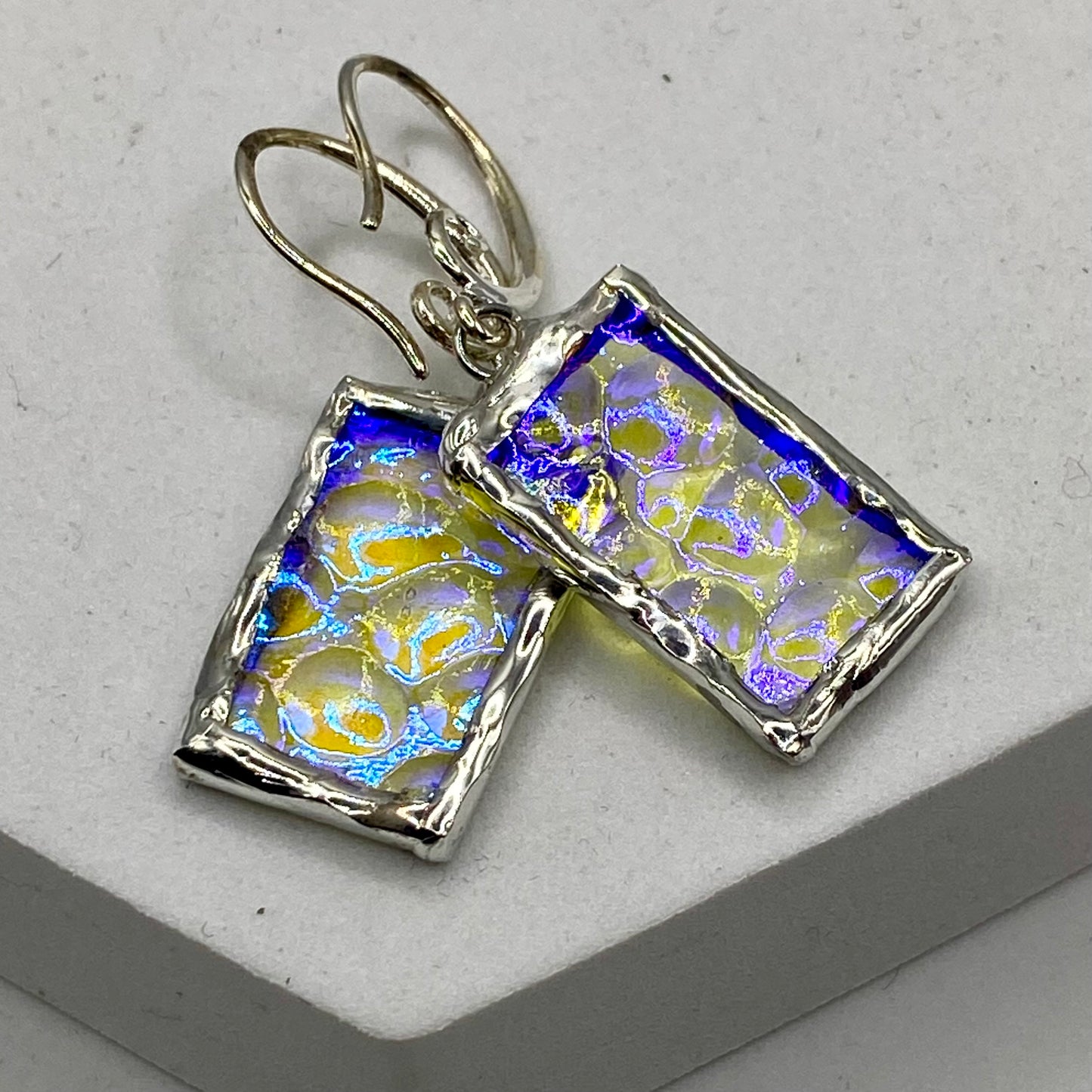 Shimmering Rectangle Earrings | Stained Glass Earrings by Hip Chick Glass, Stained Glass Dangle Drop Earrings, Stained Glass Earrings