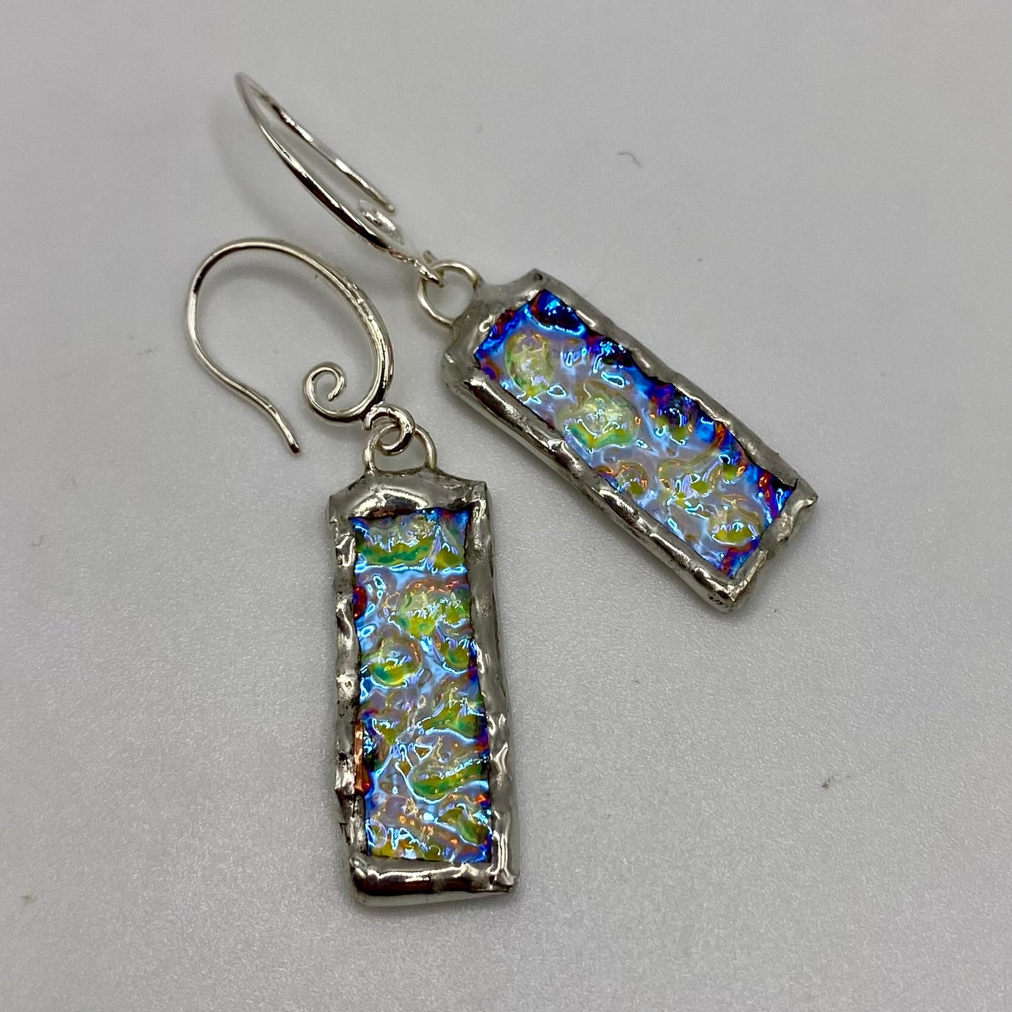Iridescent Rectangle Earrings | Stained Glass Earrings by Hip Chick Glass, Stained Glass Dangle Drop Earrings, Stained Glass Earrings