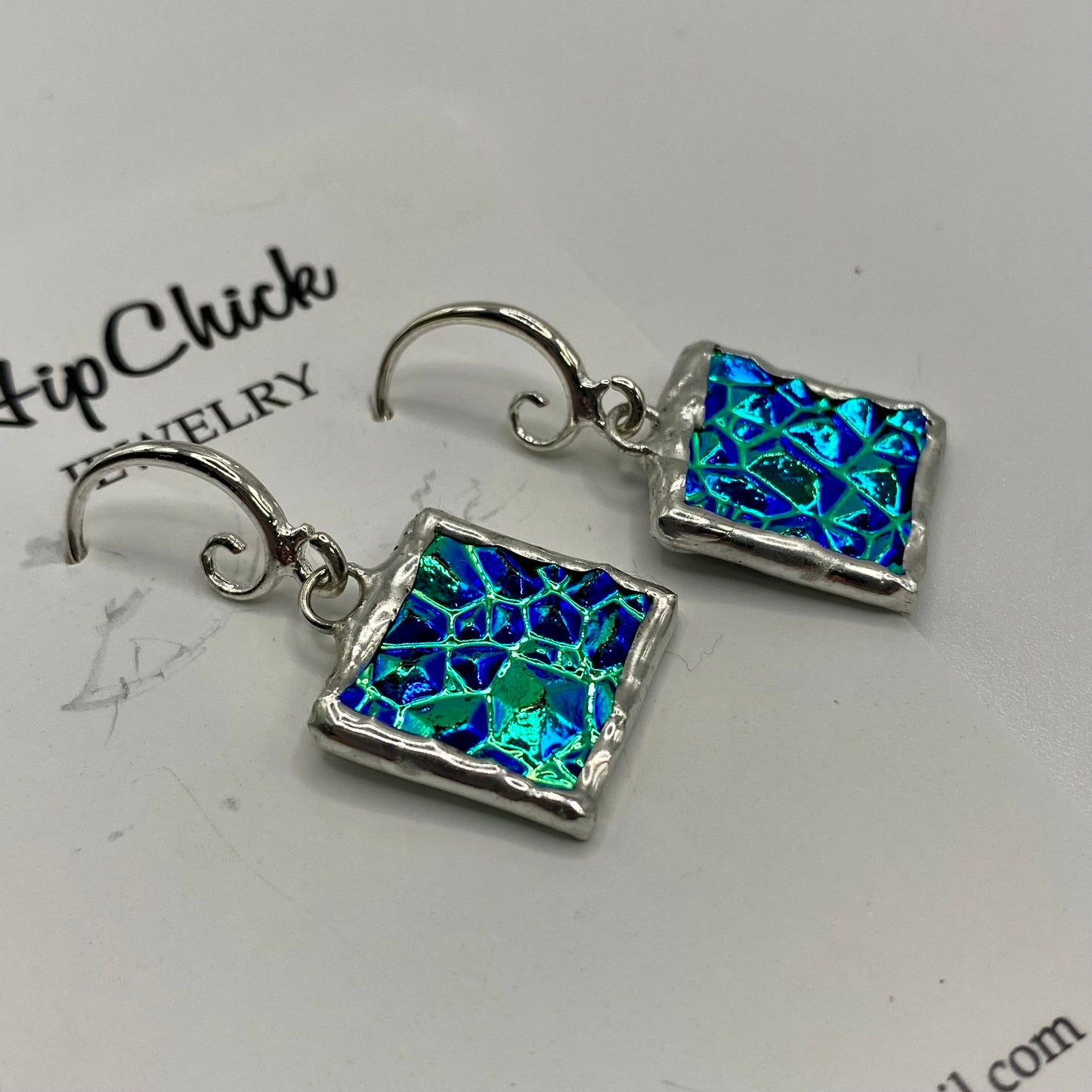 Teal Square Earrings | Stained Glass Earrings by Hip Chick Glass, Stained Glass Dangle Drop Earrings, Stained Glass Earrings