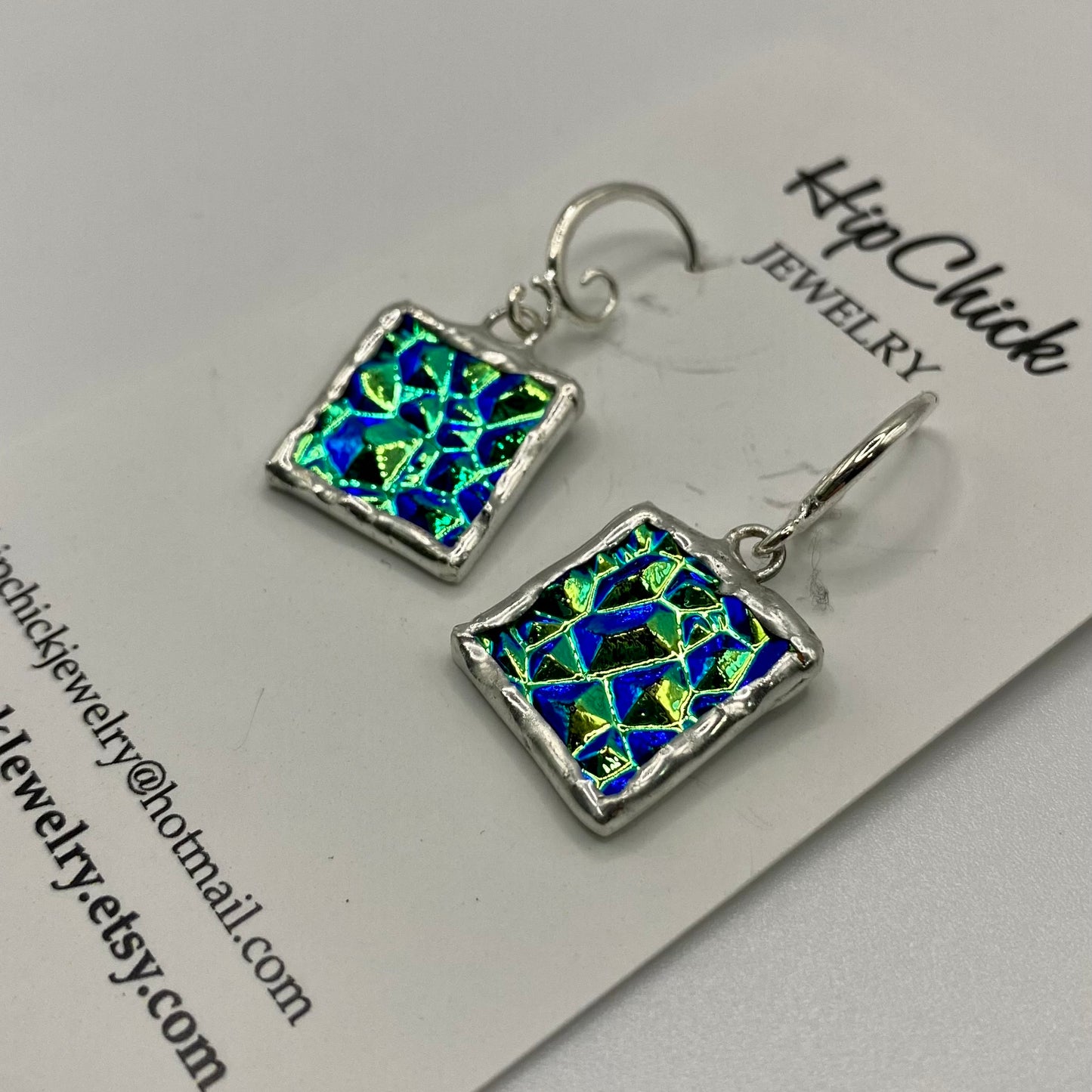 Teal Square Earrings | Stained Glass Earrings by Hip Chick Glass, Stained Glass Dangle Drop Earrings, Stained Glass Earrings