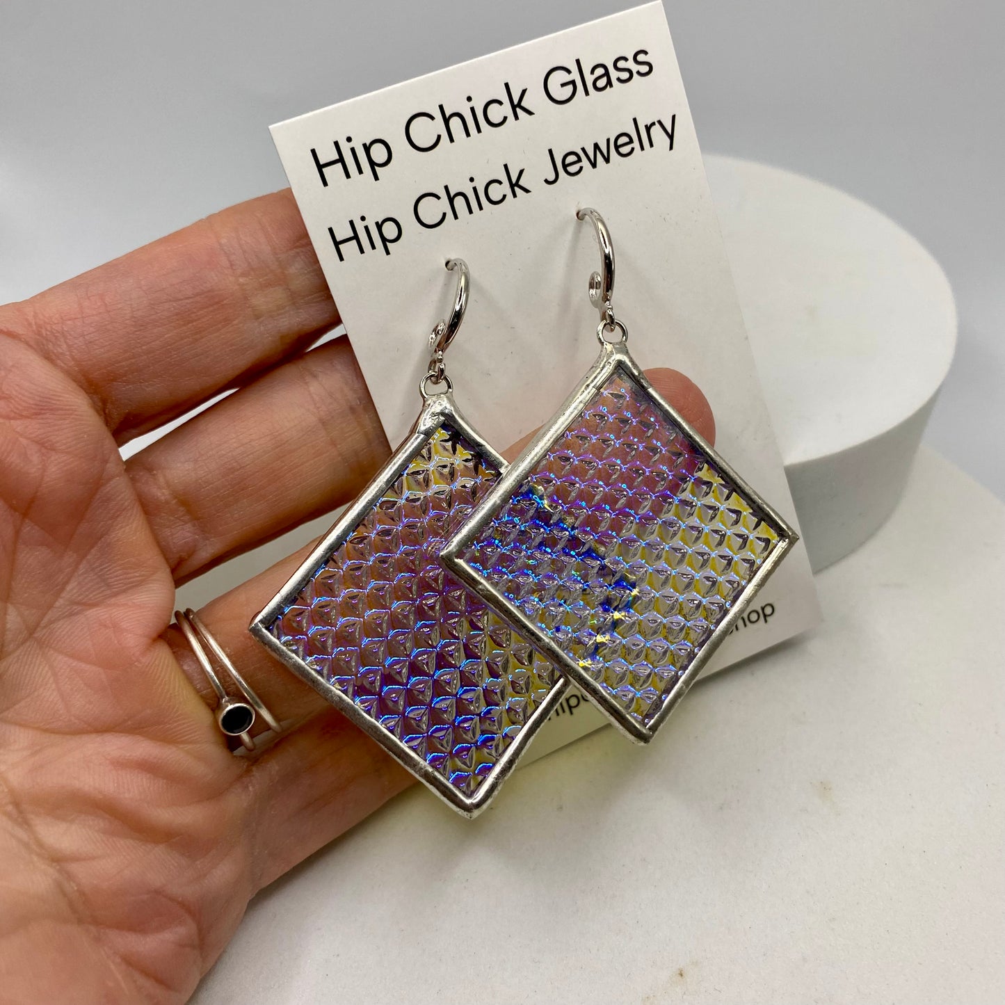 Blue Microdot Square Earrings | Stained Glass Earrings by Hip Chick Glass, Stained Glass Dangle Drop Earrings, Stained Glass Earrings
