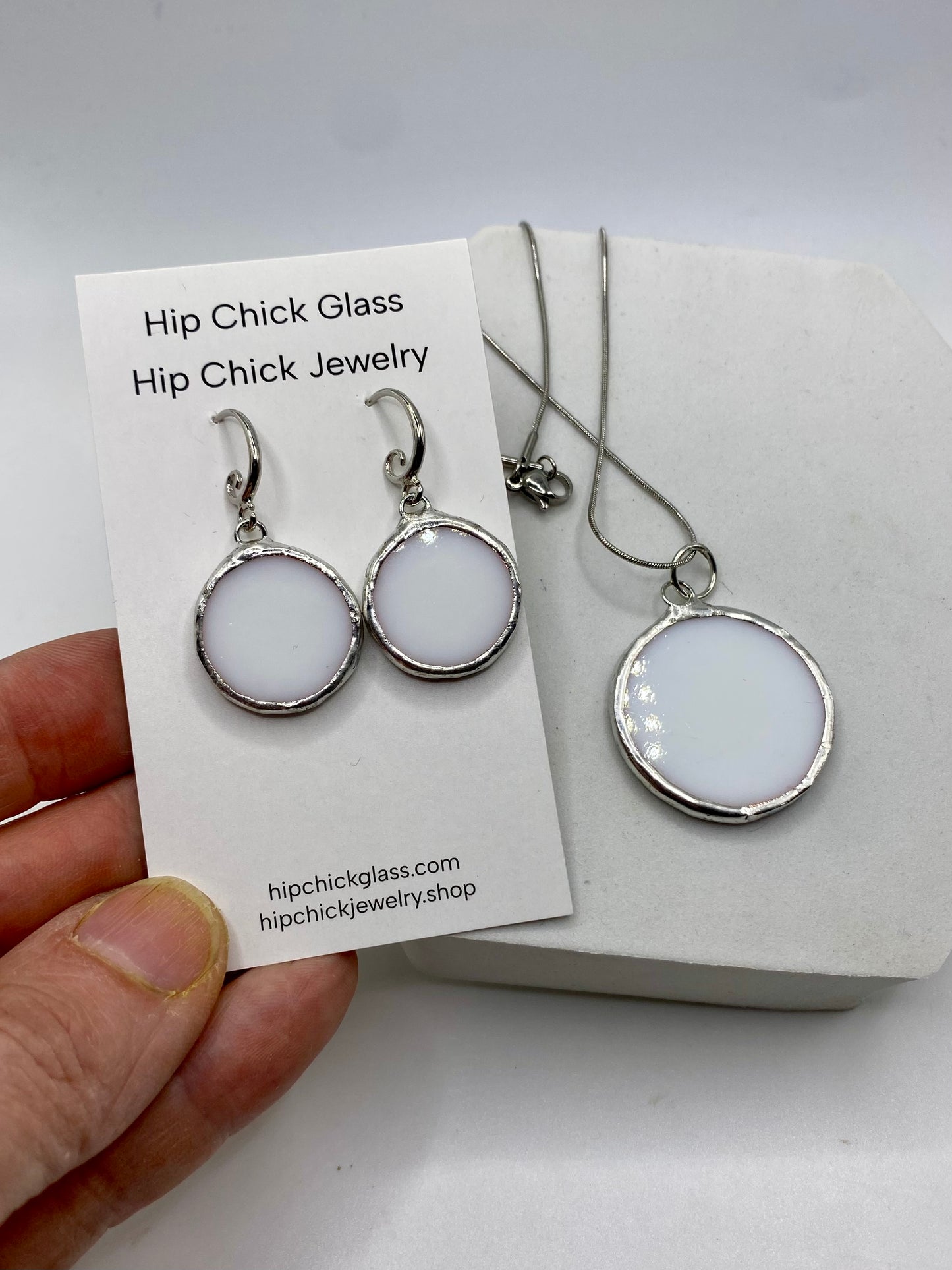 CUSTOM TRACY S | White Circles Stained Glass Jewelry Set by Hip Chick Glass, Stained Glass Necklace Stained Glass Earrings