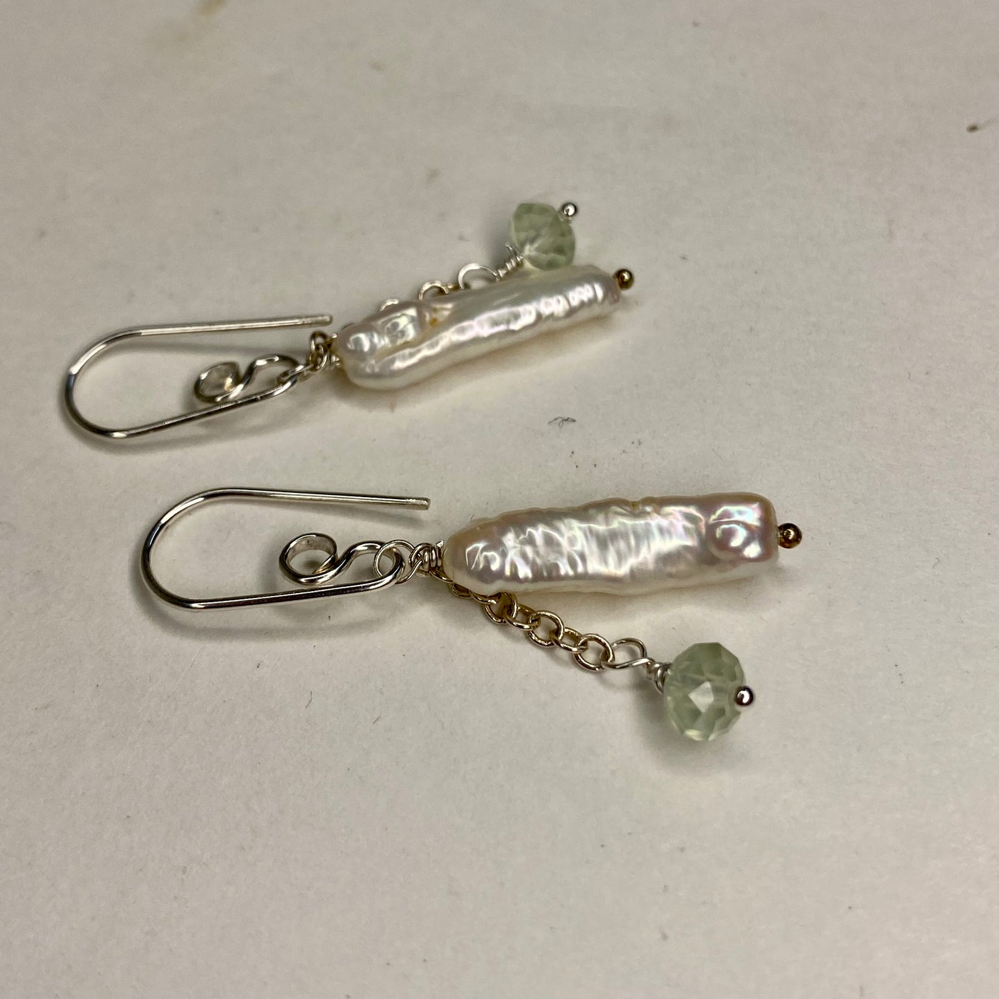 Pearl & Prehnite Double Drop Earrings by Hip Chick Glass, Handmade Sterling Silver Earrings, Handmade Gemstone Jewelry, June Birthstone Gift