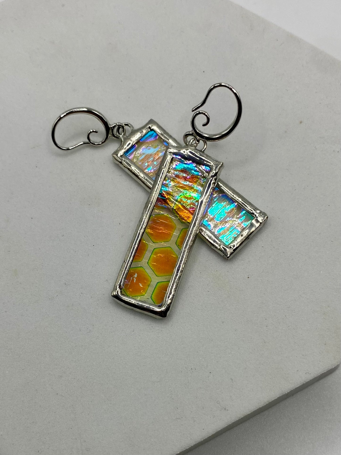 Honeycomb Rectangle Earrings | Stained Glass Earrings by Hip Chick Glass, Iridescent Statement Earrings, Geometric Earrings