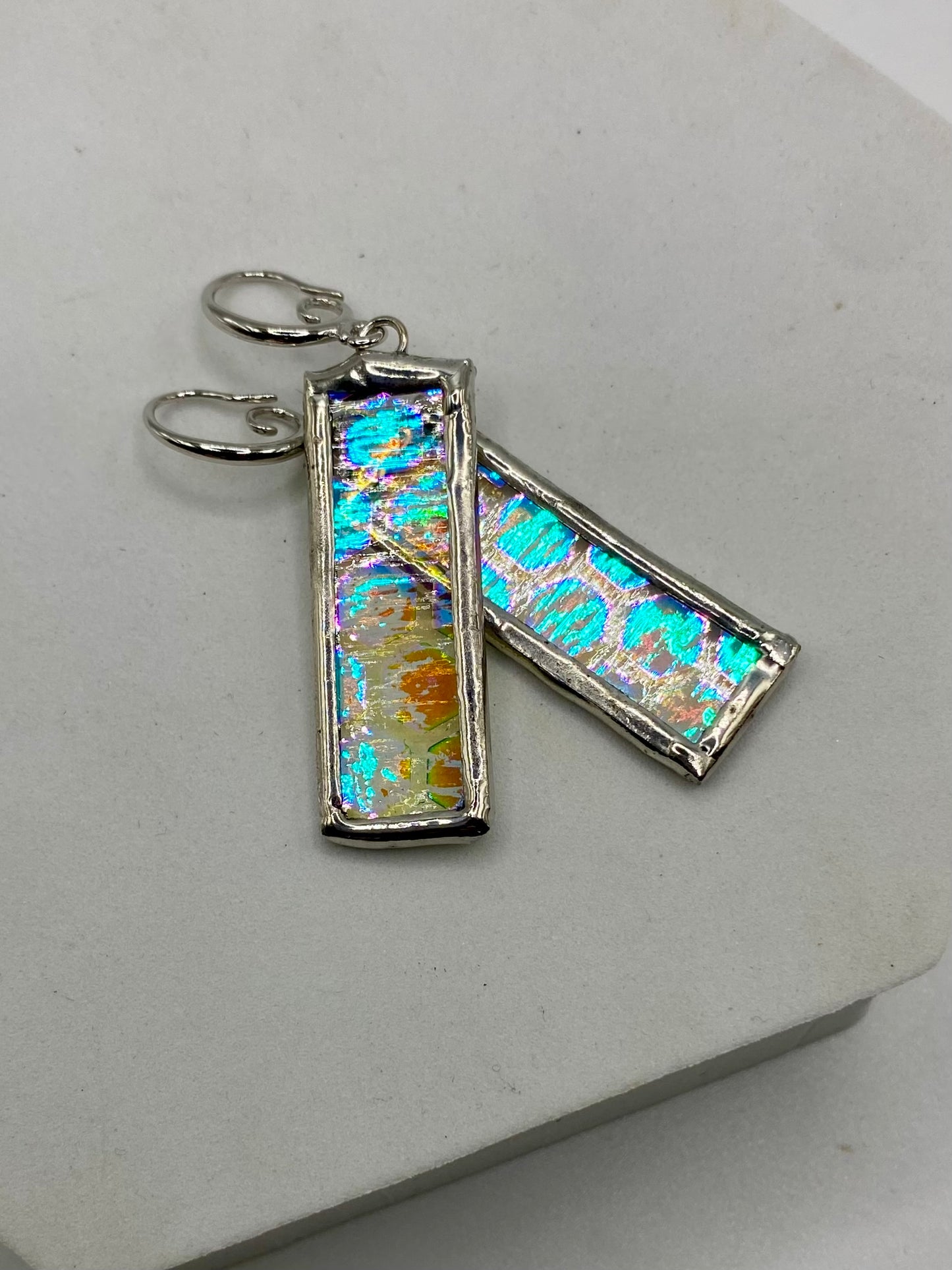 Honeycomb Rectangle Earrings | Stained Glass Earrings by Hip Chick Glass, Iridescent Statement Earrings, Geometric Earrings
