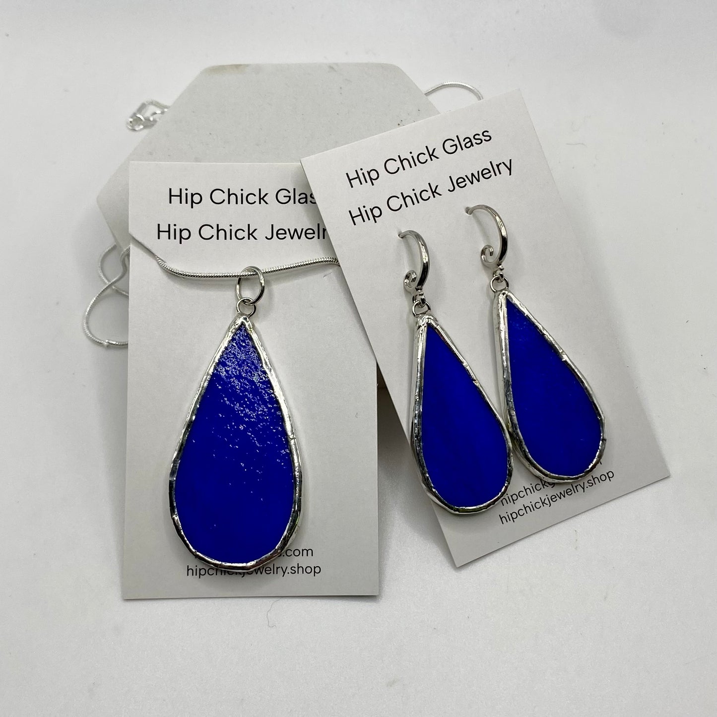 Dark Blue Teardrop Stained Glass Jewelry Set by Hip Chick Glass, Stained Glass Necklace Stained Glass Earrings