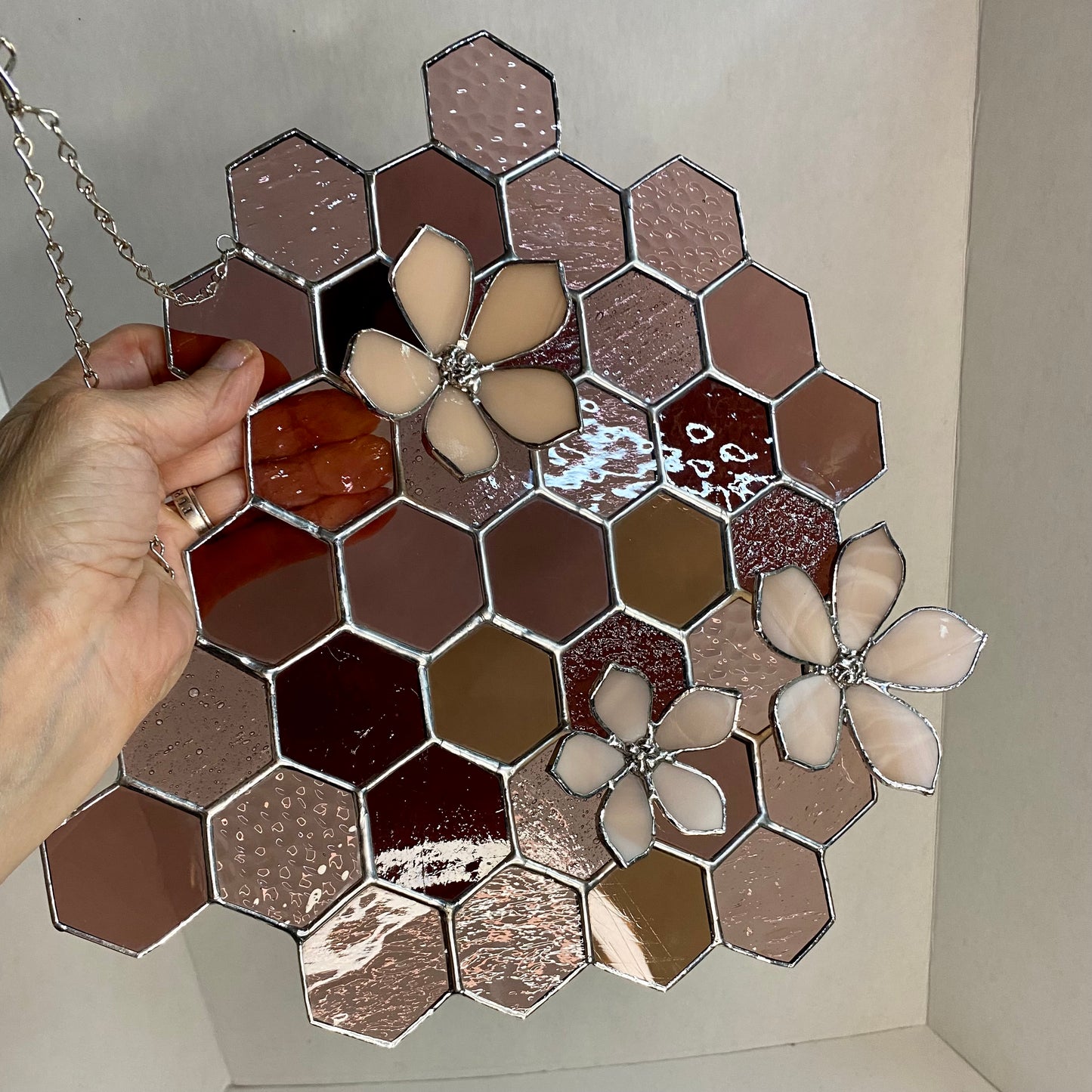 Purple Honeycomb with Flower Overlay | Stained Glass Window Panel by Hip Chick Glass, Original Design Handmade Glass Art, Suncatcher