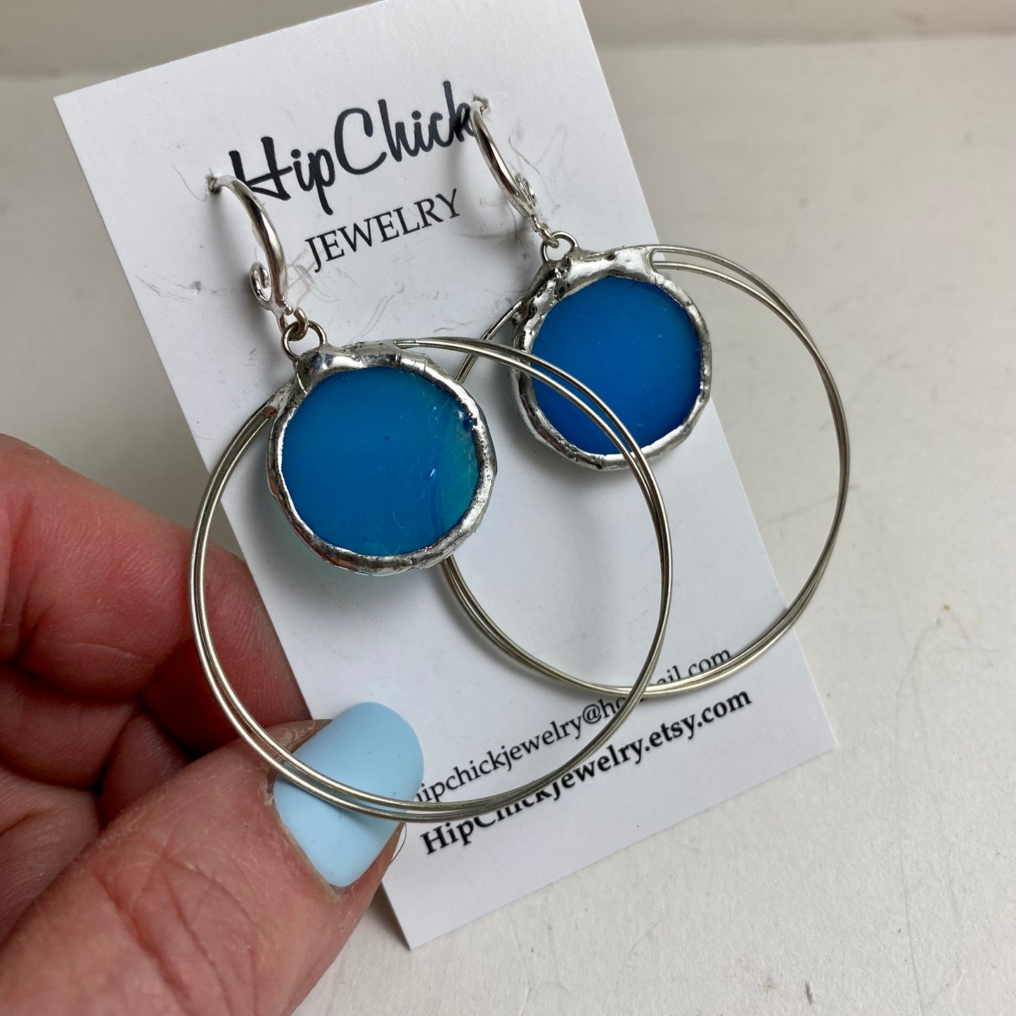 Blue Circle Hoop Earrings | Stained Glass Earrings by Hip Chick Glass, Stained Glass Dangle Drop Earrings, Stained Glass Earrings