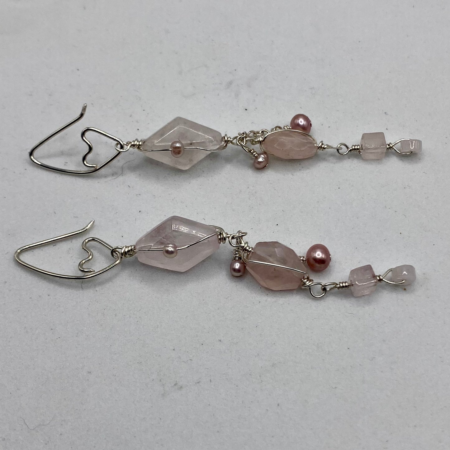 Long Rose Quartz & Pearl Dangle Earrings by Hip Chick Glass, Sterling Silver Earrings, Handmade Gemstone Jewelry, June Birthstone Gift