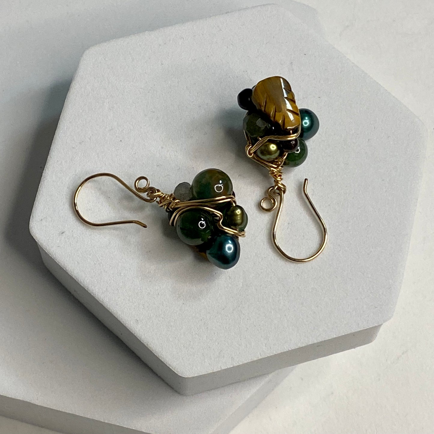 Green Gemstone Bead Wire Wrap Earrings by Hip Chick Glass, 14 Karat Gold Fill Earrings, Handmade Gemstone Jewelry, OOAK Birthstone Gift