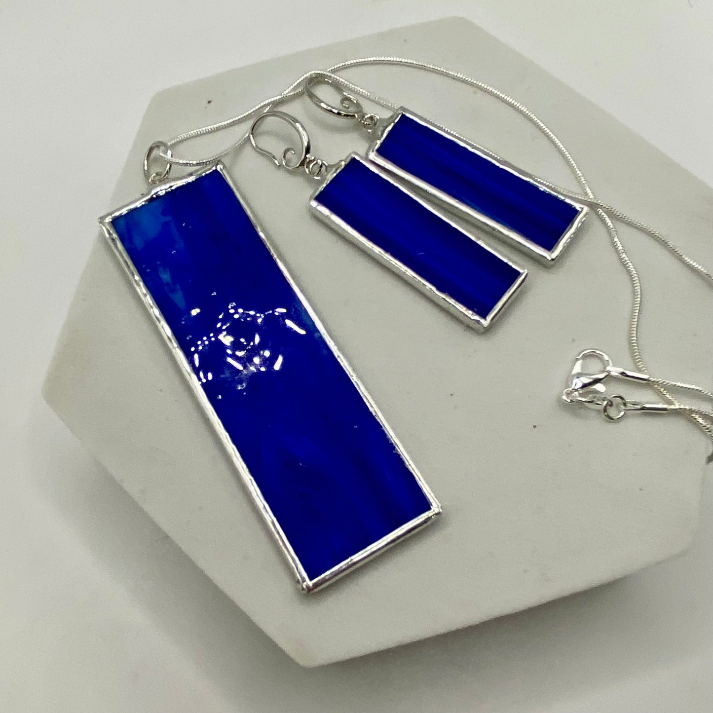 Dark Blue Rectangle Stained Glass Jewelry Set by Hip Chick Glass, Stained Glass Necklace Stained Glass Earrings