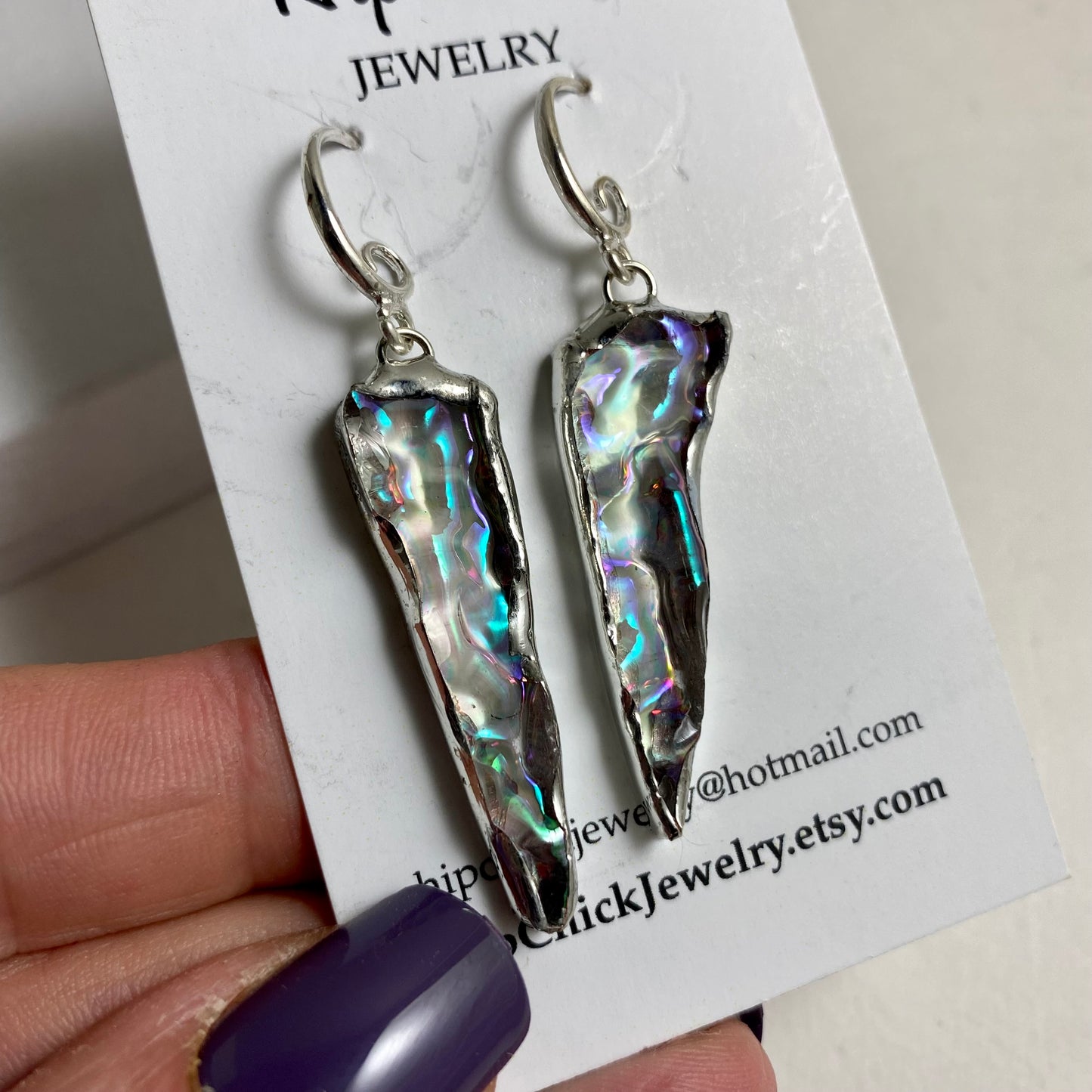 Iridescent Triangle Earrings | Stained Glass Earrings by Hip Chick Glass, Stained Glass Dangle Drop Earrings, Stained Glass Earrings