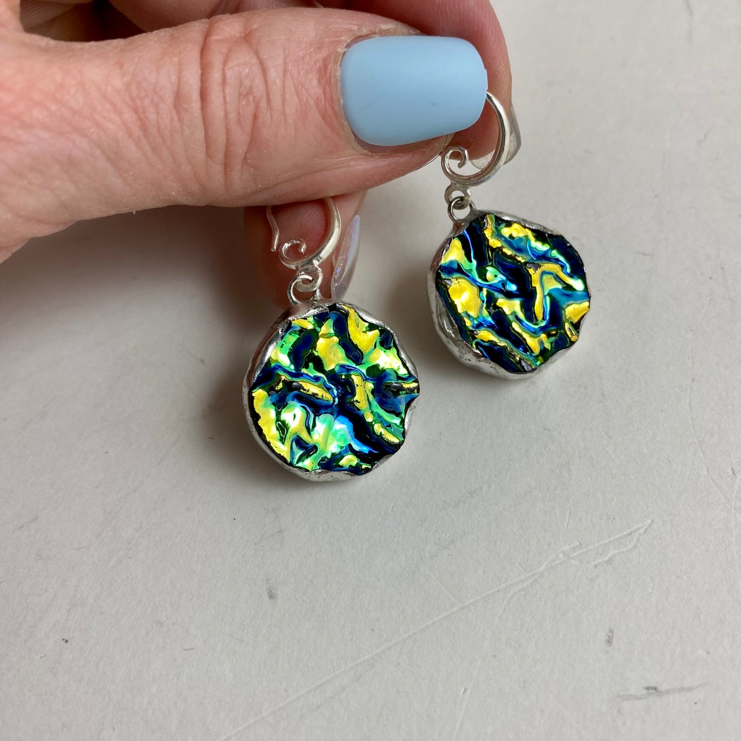 Iridescent Circle Earrings | Stained Glass Earrings by Hip Chick Glass, Stained Glass Dangle Drop Earrings, Stained Glass Earrings