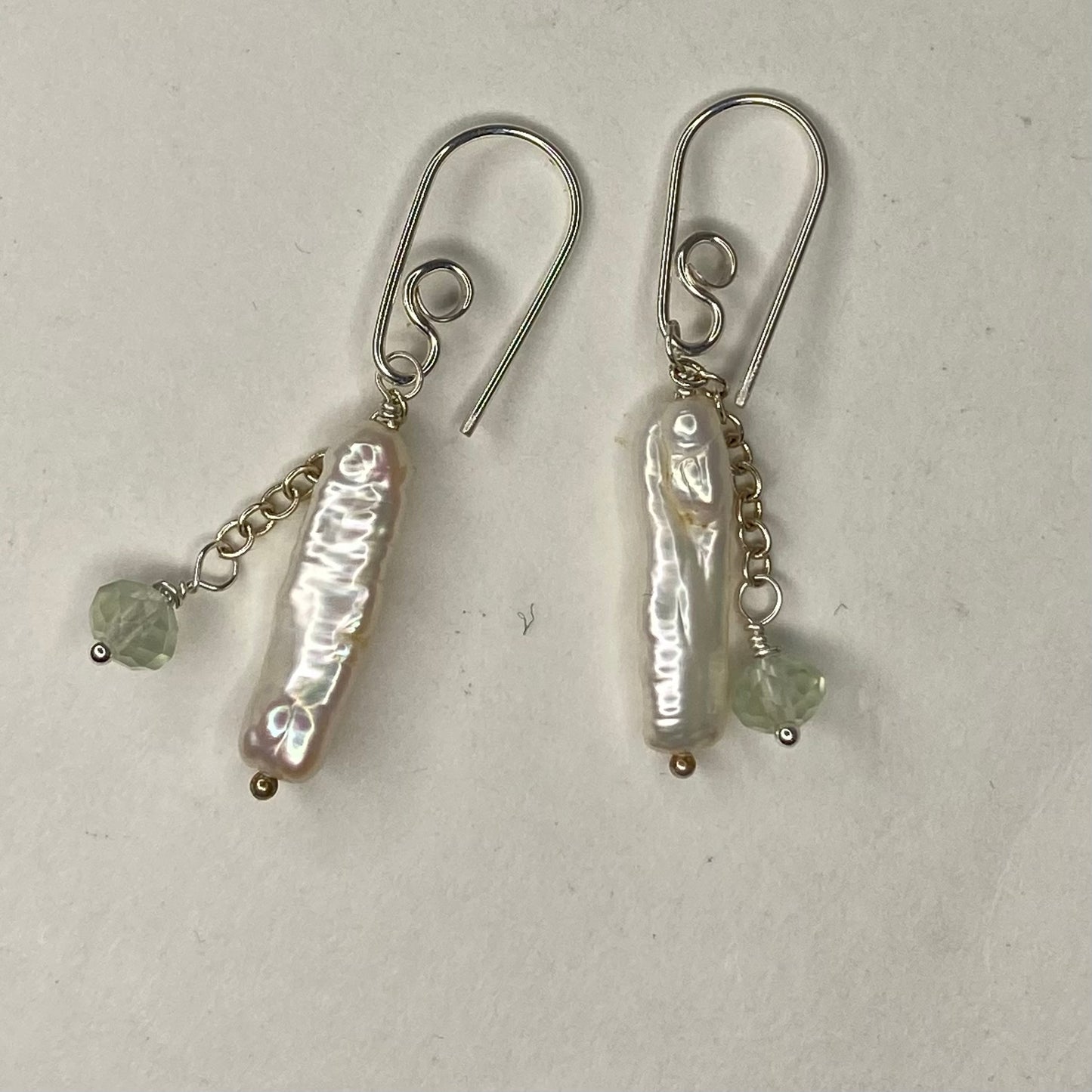 Pearl & Prehnite Double Drop Earrings by Hip Chick Glass, Sterling Silver Earrings, Handmade Gemstone Jewelry, June Birthstone Gift