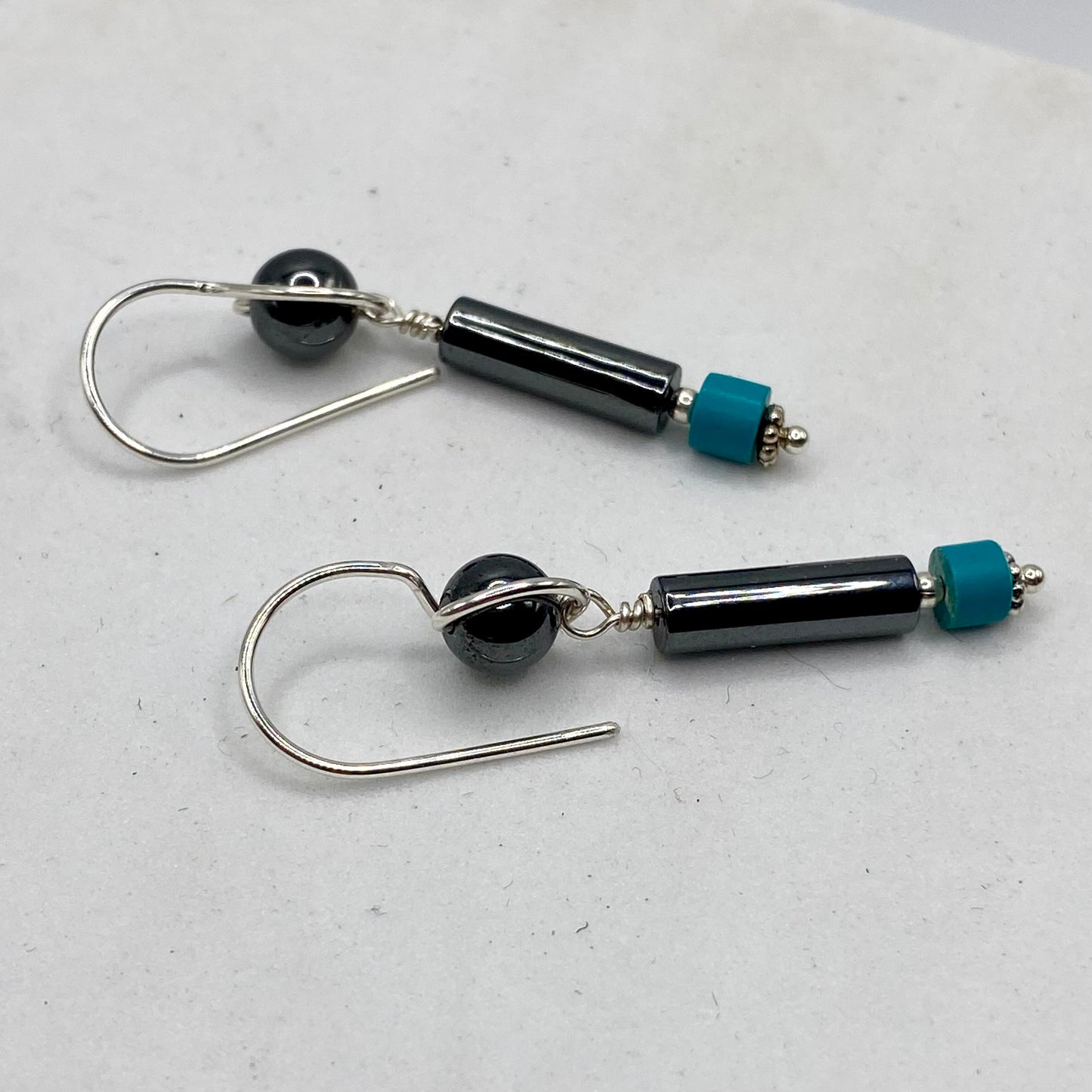 Hematite & Chalk Turquoise Dangle Earrings by Hip Chick Glass, Sterling Silver Earrings, Handmade Gemstone Jewelry, Handmade Jewelry Gift, Birthstone Earrings