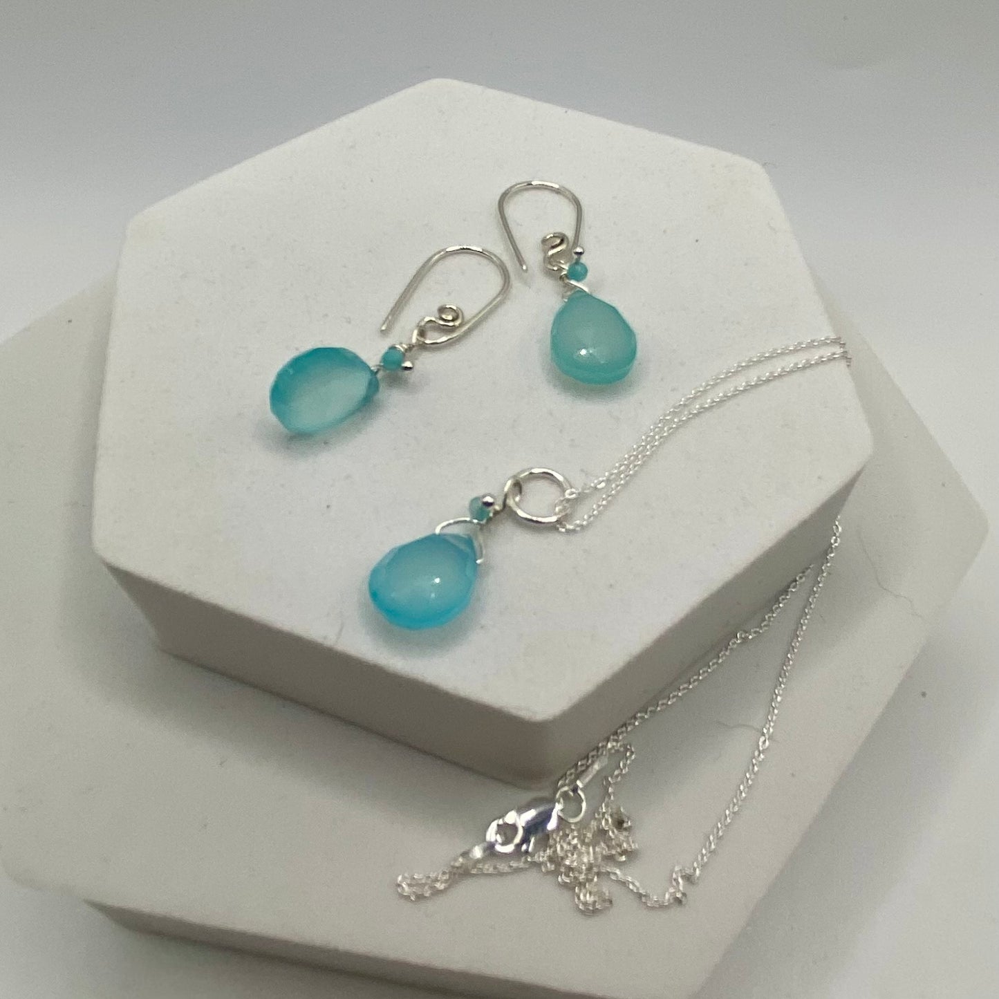 Blue Chalcedony Necklace & Earring Set by Hip Chick Glass, Handmade Sterling Silver Jewelry, Handmade Gemstone Jewelry Set, Dainty Necklace Earrings Set, Minimalist Jewelry