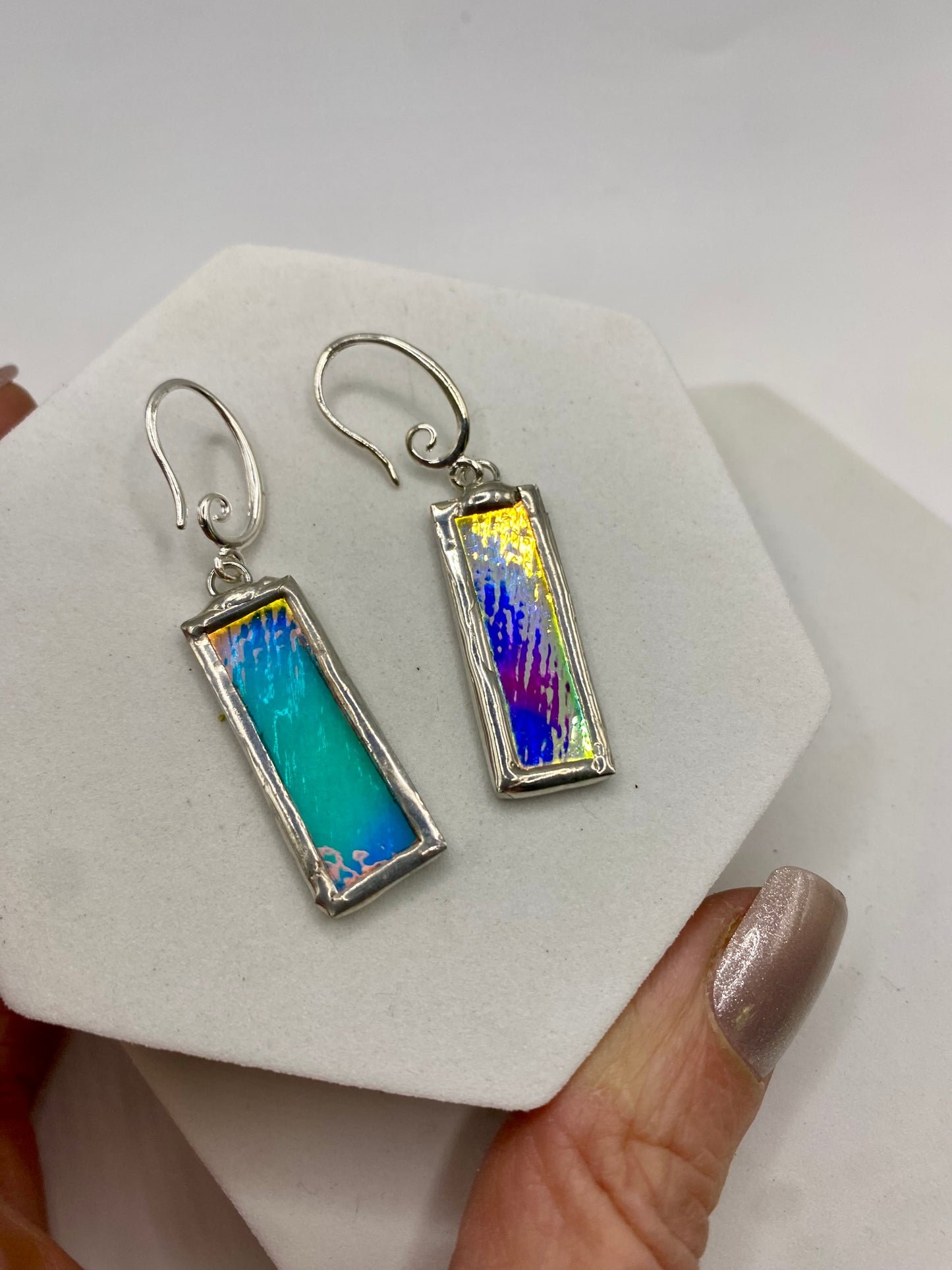 Brilliant Rectangles | Stained Glass Earrings by Hip Chick Glass, Stained Glass Dangle Drop Earrings, Stained Glass Earrings