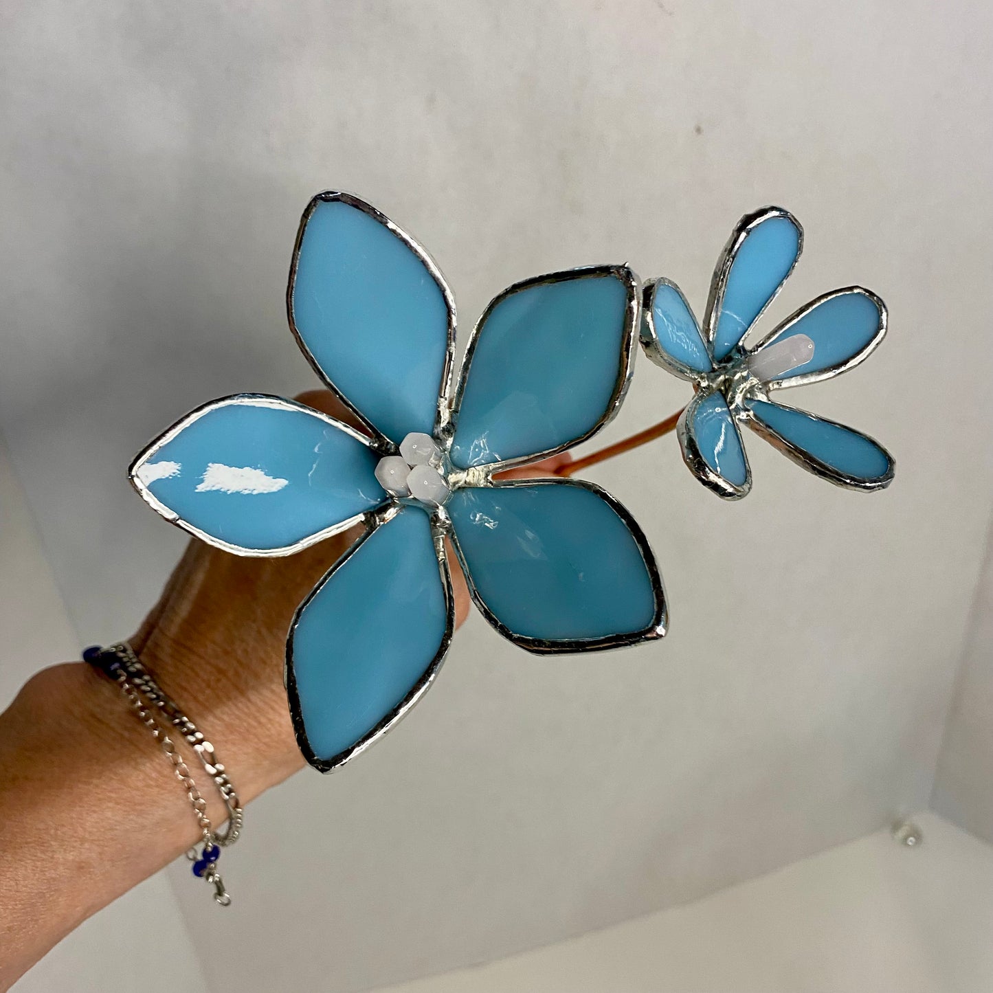 Mini Bouquet, Set of 3 Flowers & 1 Leaf | Stained Glass Flower Bouquet, Glass Flowers with Quartz Crystals on a Stem, Handmade Home Decor, Wedding Bouquet Keepsake, Tabletop Decor