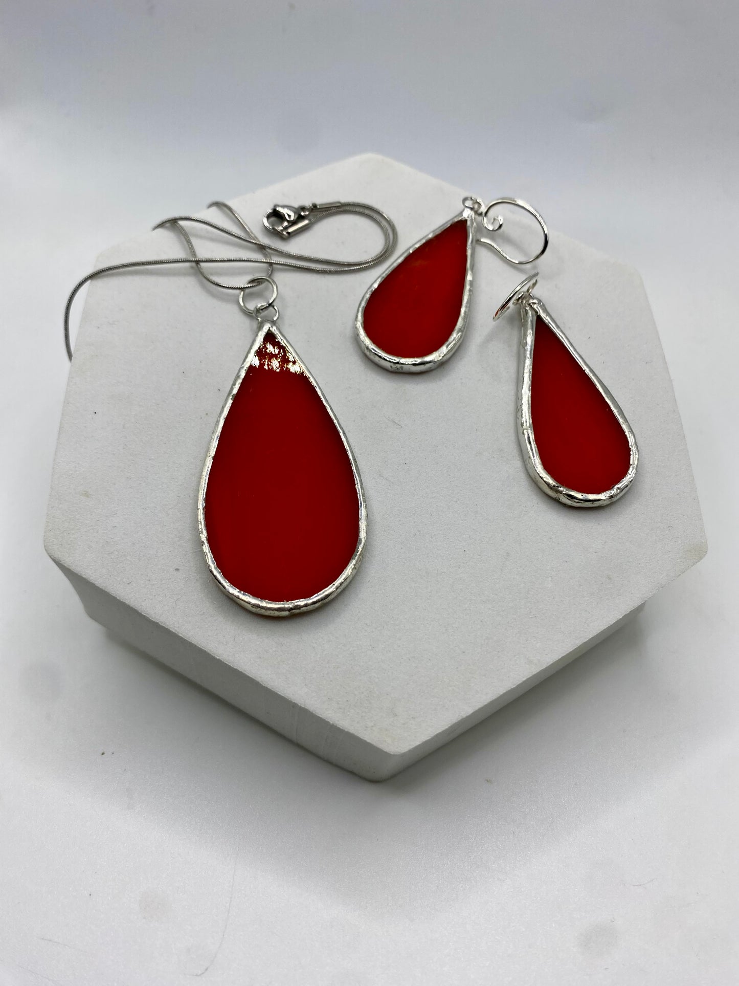 Orange Teardrop Stained Glass Jewelry Set by Hip Chick Glass, Stained Glass Necklace Stained Glass Earrings